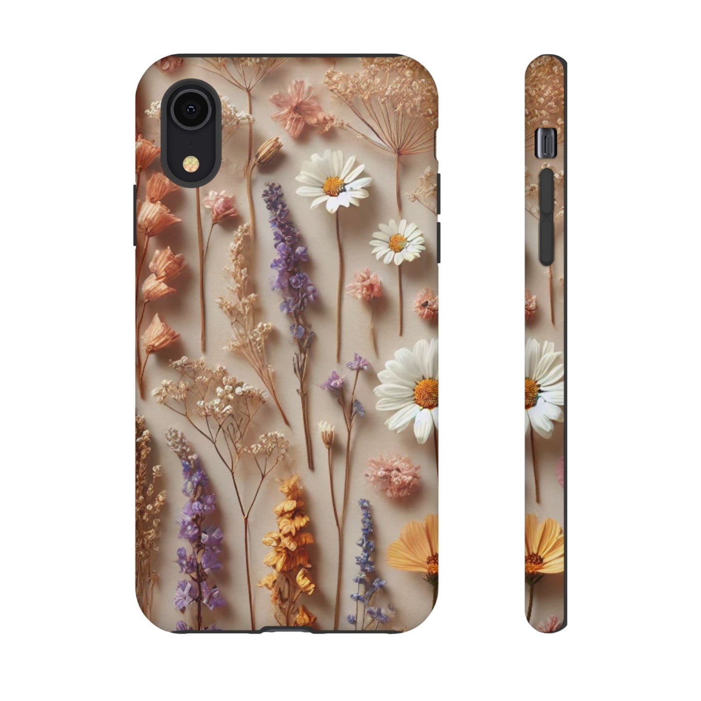 Aesthetic pressed flower floral design phone cover featuring colorful dried flowers on a soft white background