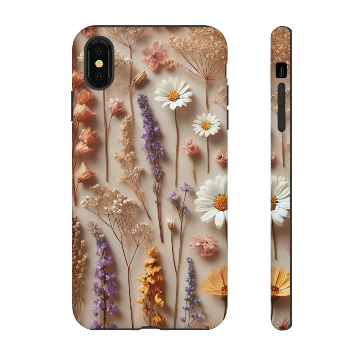 Aesthetic pressed flower floral design phone cover featuring colorful dried flowers on a neutral white background