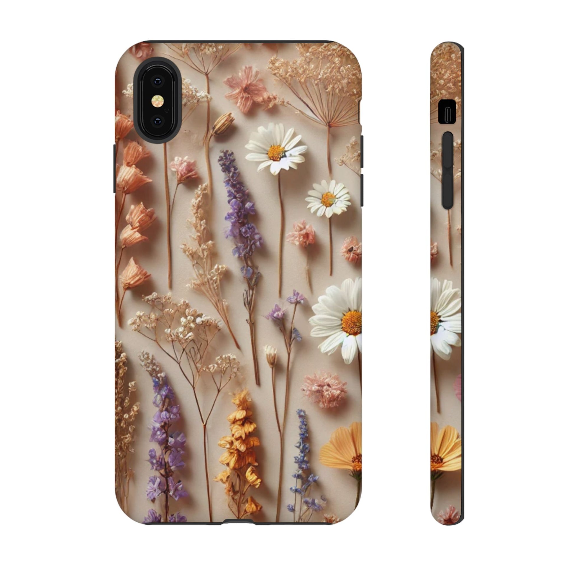 Aesthetic pressed flower floral design phone cover featuring colorful dried flowers on a neutral white background