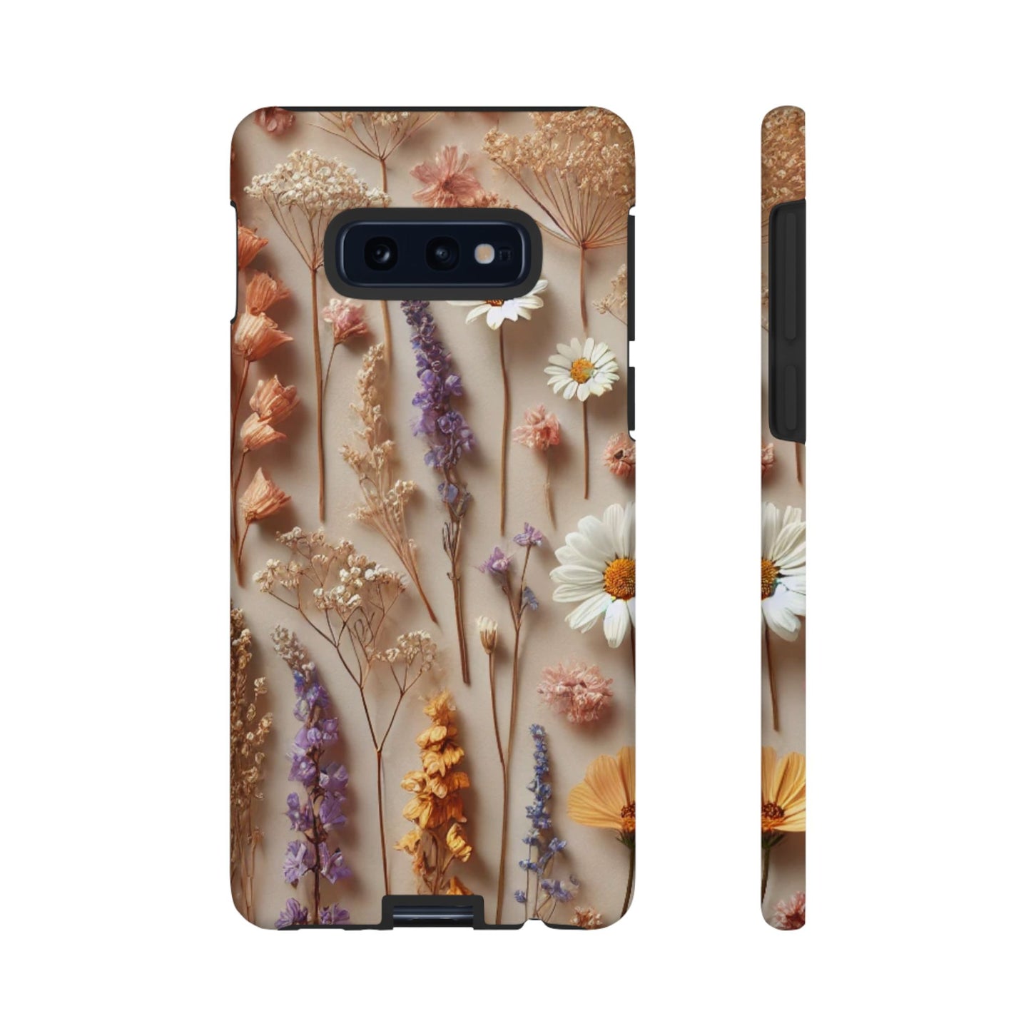 Aesthetic pressed flower floral design standing phone cover featuring colorful dried flowers on a neutral background