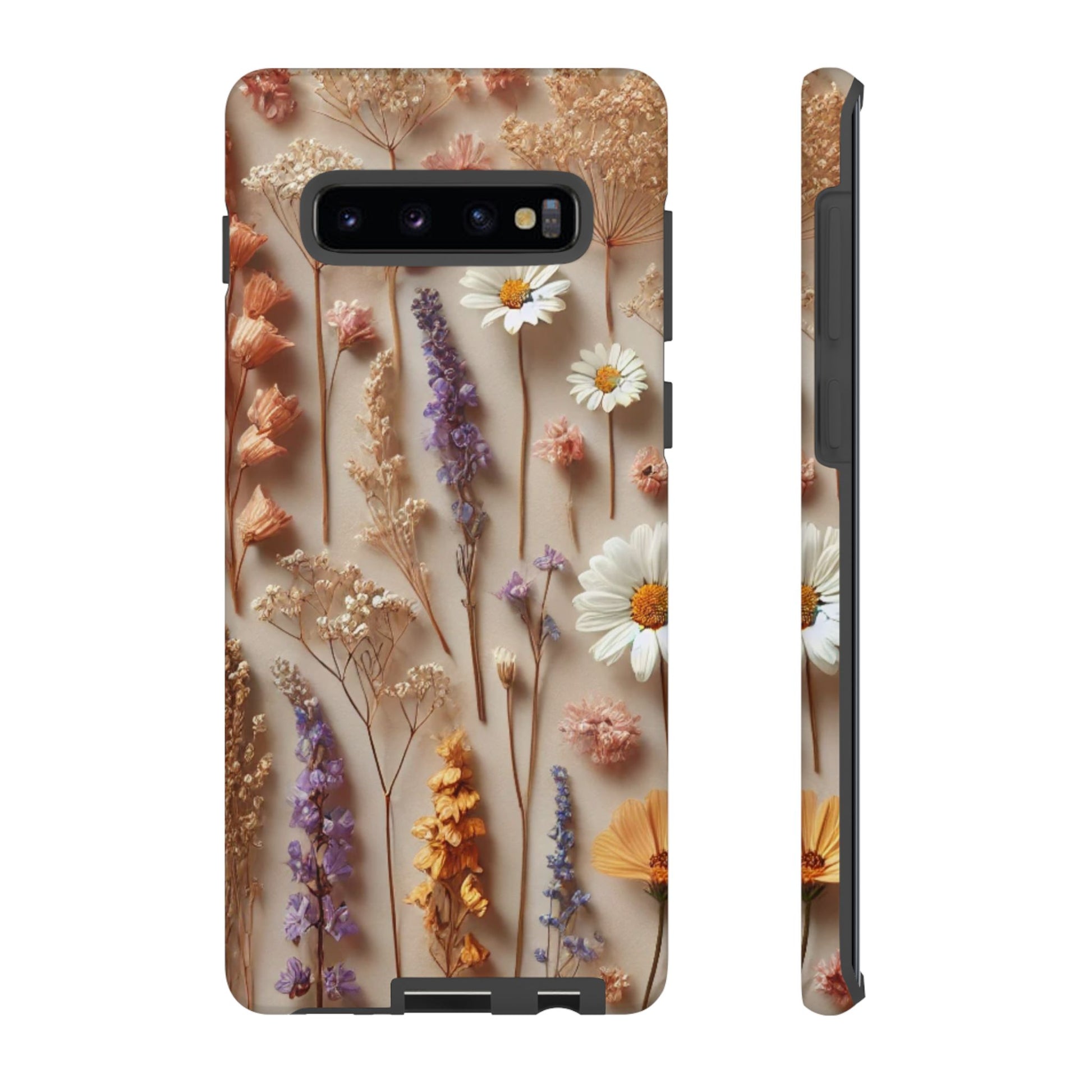 Aesthetic pressed flower floral design phone cover featuring colorful dried flowers on a neutral beige background
