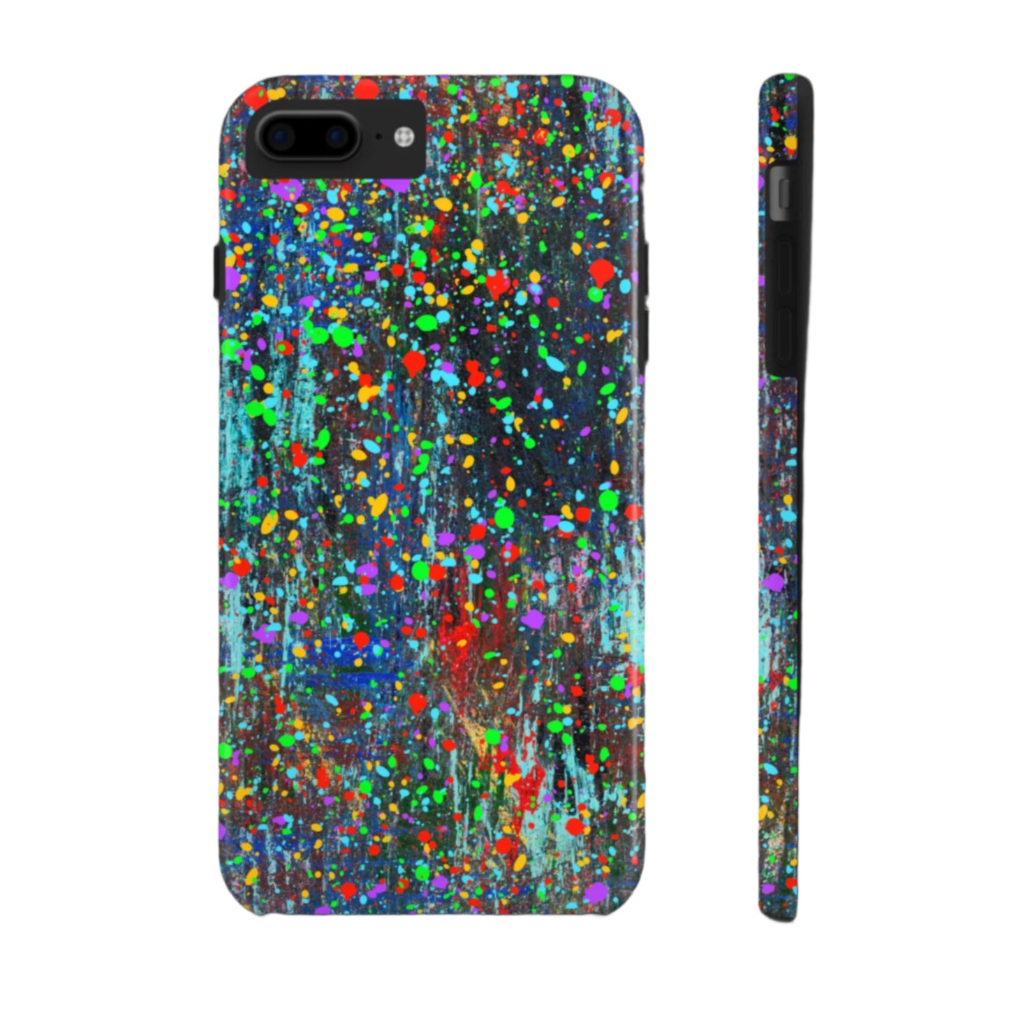 The Colorful Abstract Drip Paint Durable Phone Case features a bold splatter design with vibrant red, green, yellow, blue, and purple on a dark background. Shown from back and side, it offers stylish protection and lasting durability.