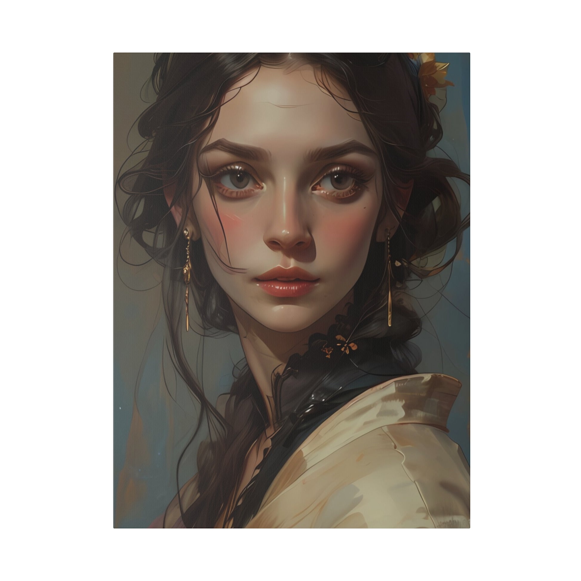 Classical woman portrait canvas print featuring a detailed close-up of a young woman with earrings and soft lighting
