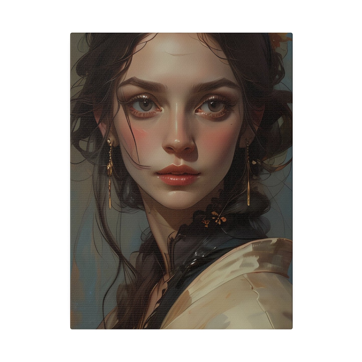 Classical woman portrait canvas print featuring a detailed artistic close-up of a woman's face with soft lighting