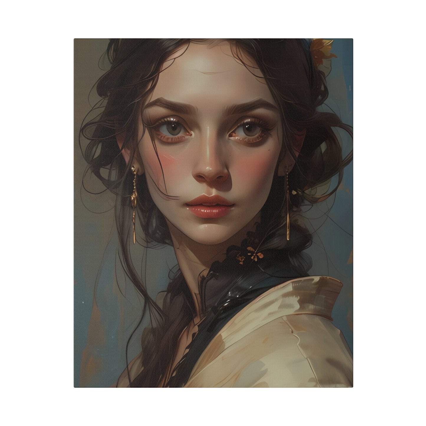 Classical woman portrait canvas print featuring detailed digital painting of a young woman with dark hair and elegant attire