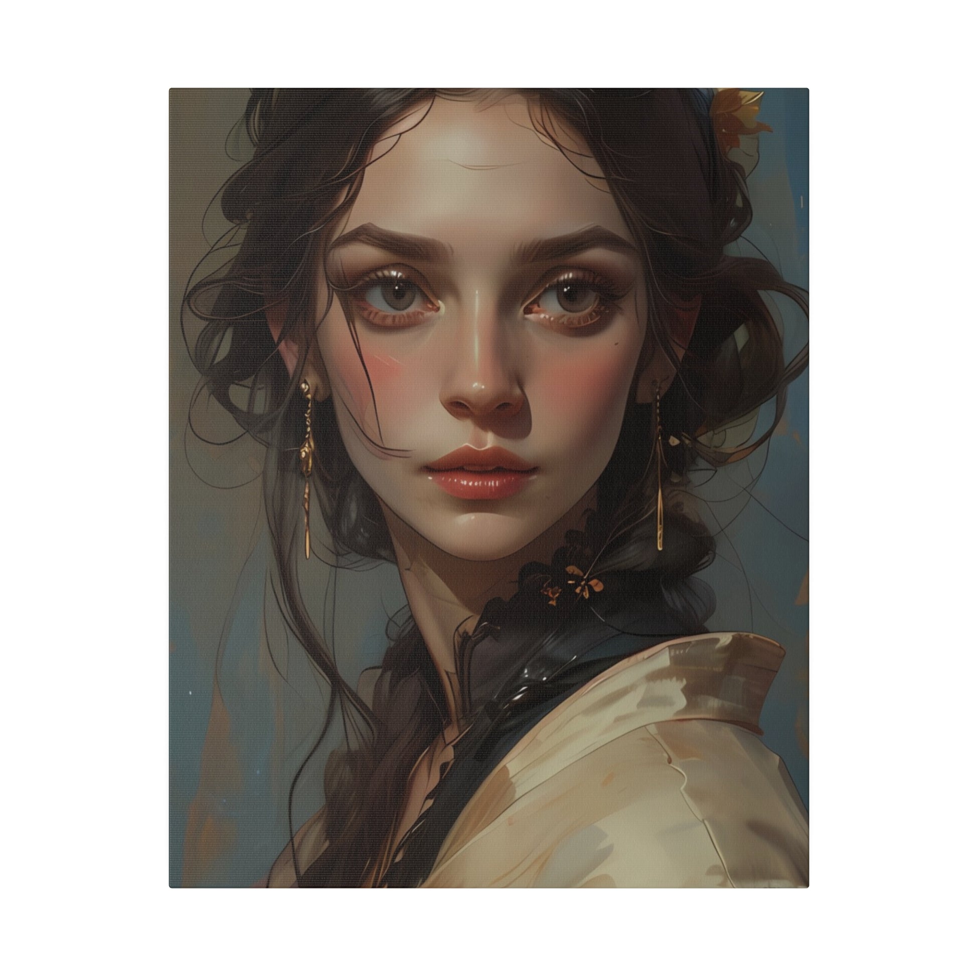 Classical woman portrait canvas print featuring detailed digital painting of a young woman with dark hair and elegant attire