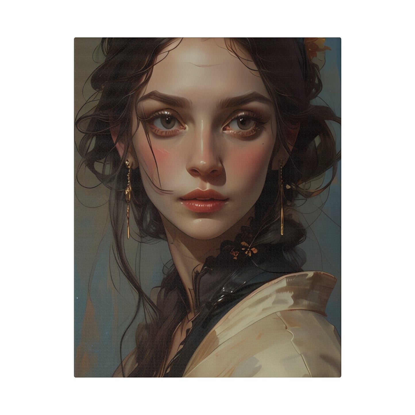 Classical woman portrait canvas print by Printify featuring detailed facial expression and vintage style attire