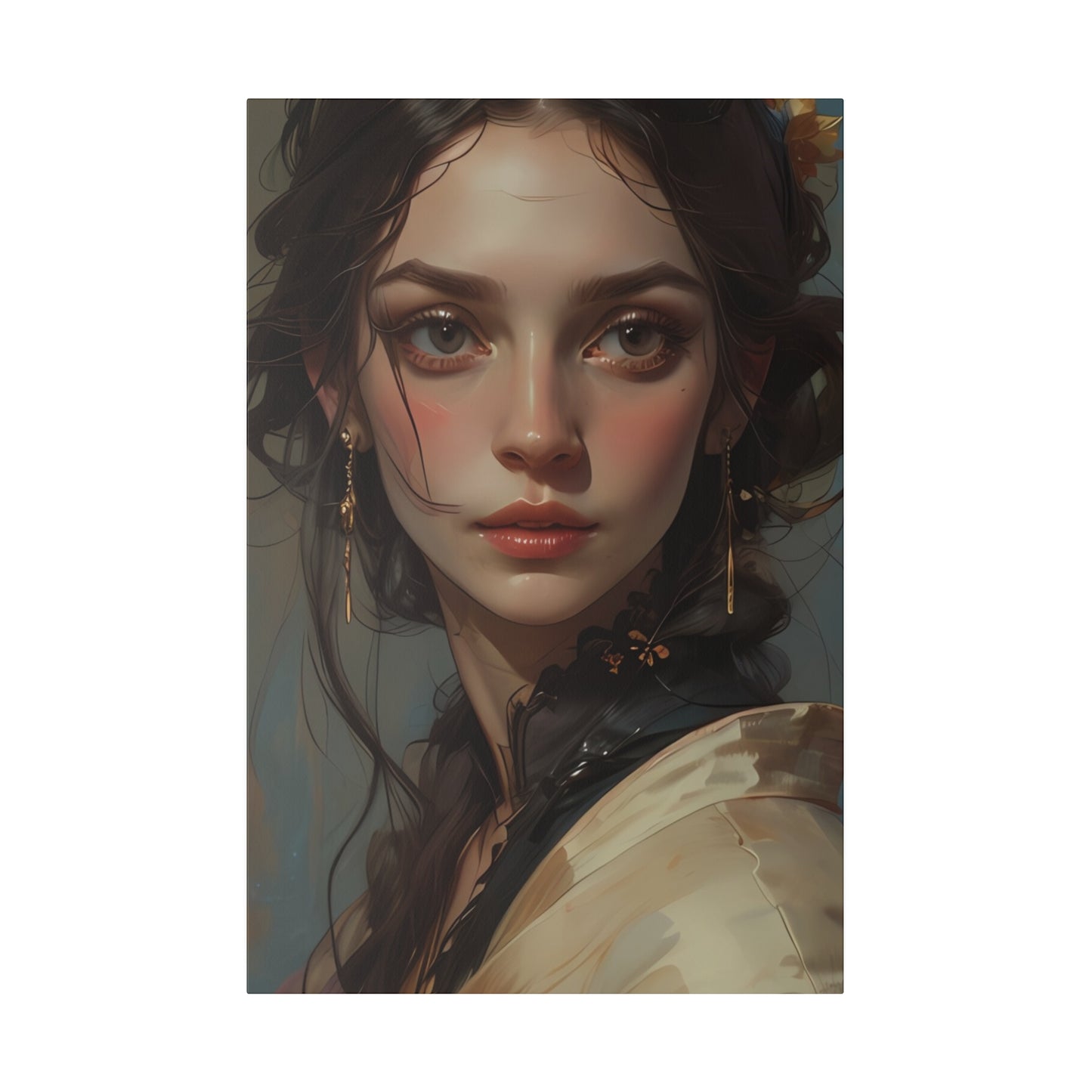 Classical woman portrait canvas print featuring detailed artistic face with dark hair and vintage earrings