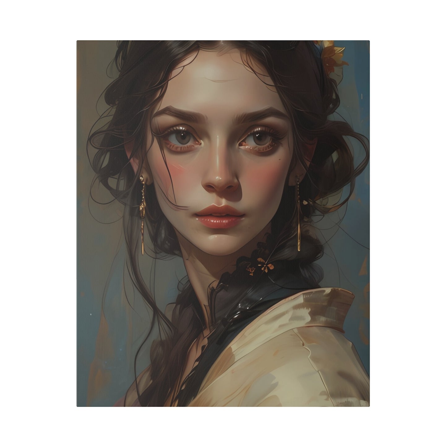 Classical woman portrait canvas print featuring a detailed digital painting of a young woman with soft expression and vintage attire