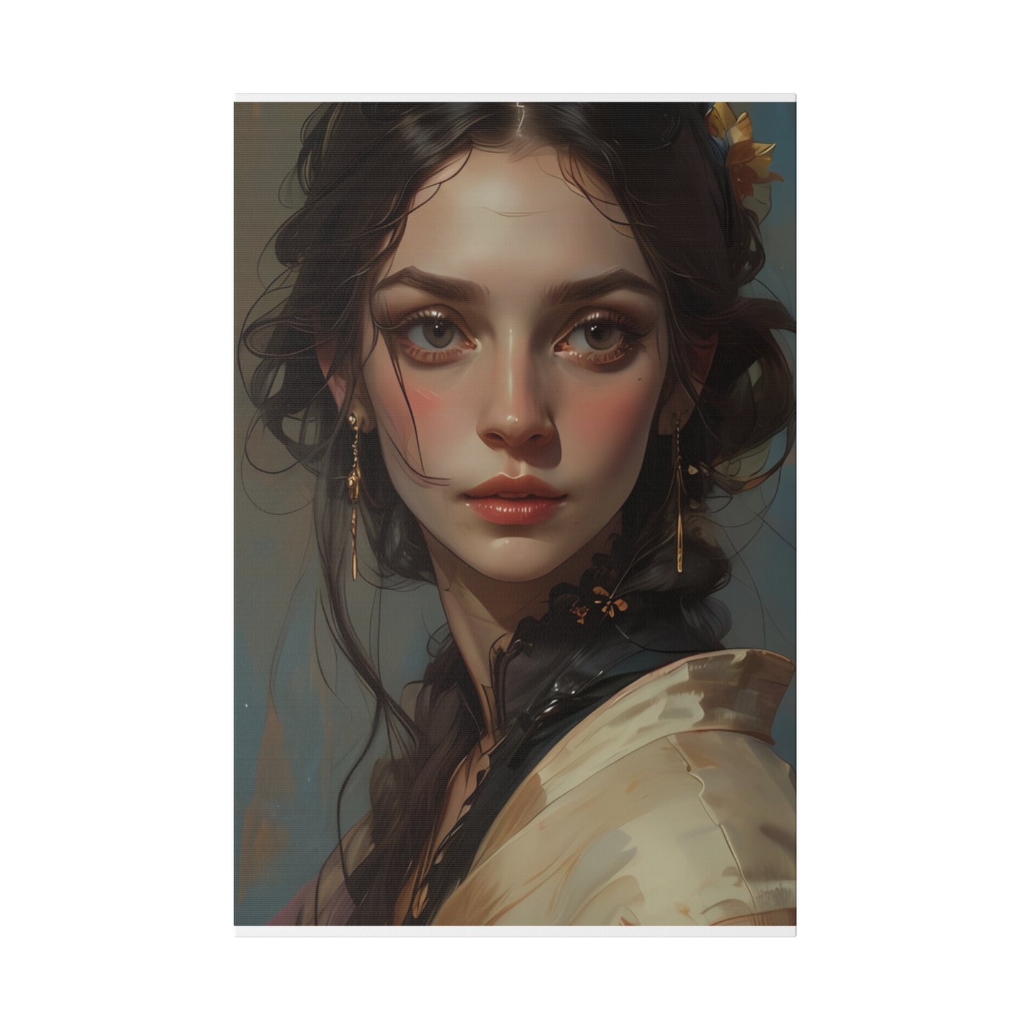 Classical woman portrait canvas print of a young woman with intricate hairstyle and earrings on Printify canvas