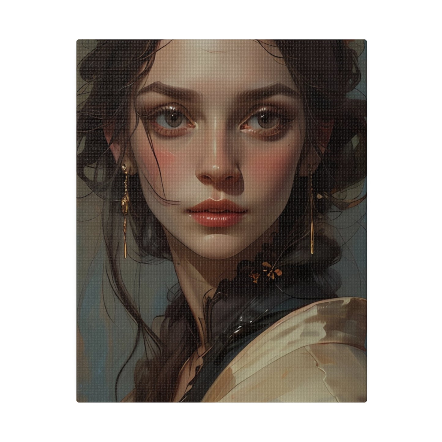 Classical woman portrait canvas print featuring a detailed close-up of a young woman with elegant earrings and soft makeup