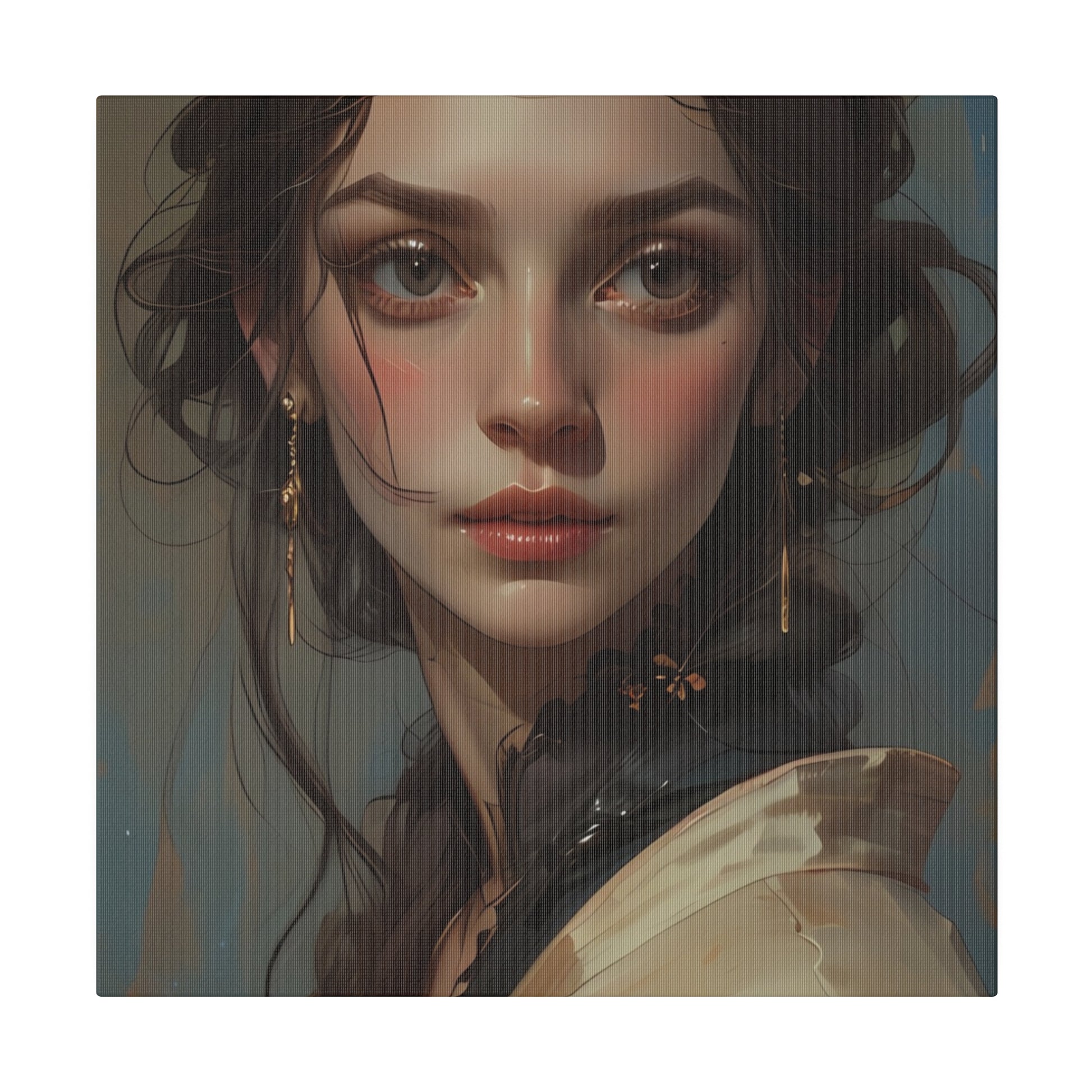 Classical woman portrait canvas print featuring a detailed close-up of a young woman with elegant earrings and soft lighting