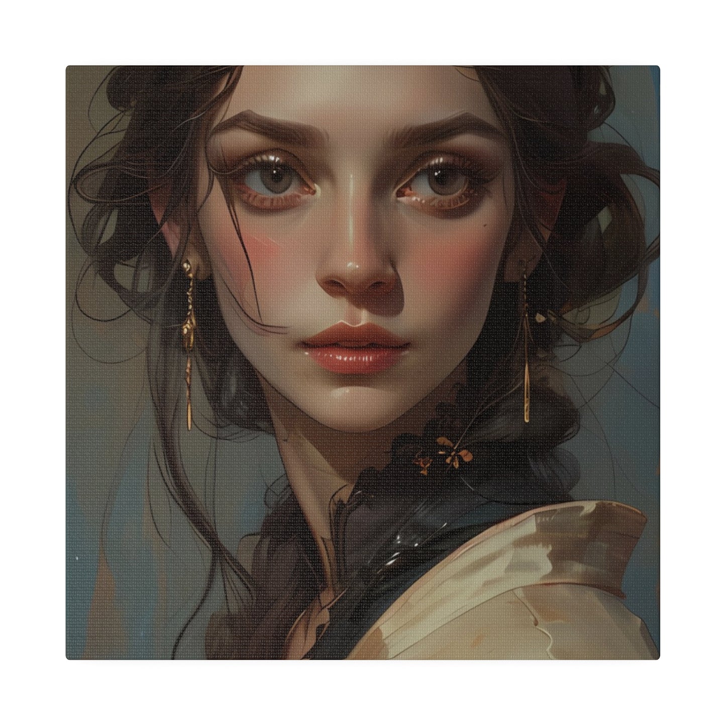 Classical woman portrait canvas print featuring a detailed painting of a young woman with earrings
