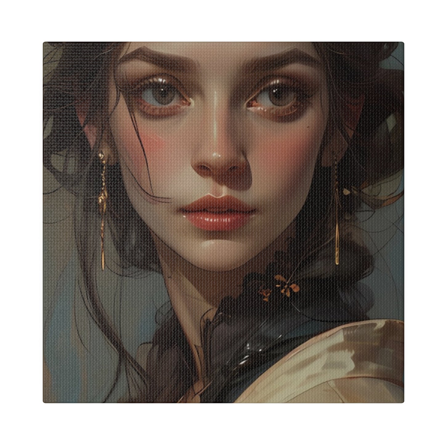 Classical woman portrait canvas print by Printify featuring detailed close-up of a young woman with vintage style