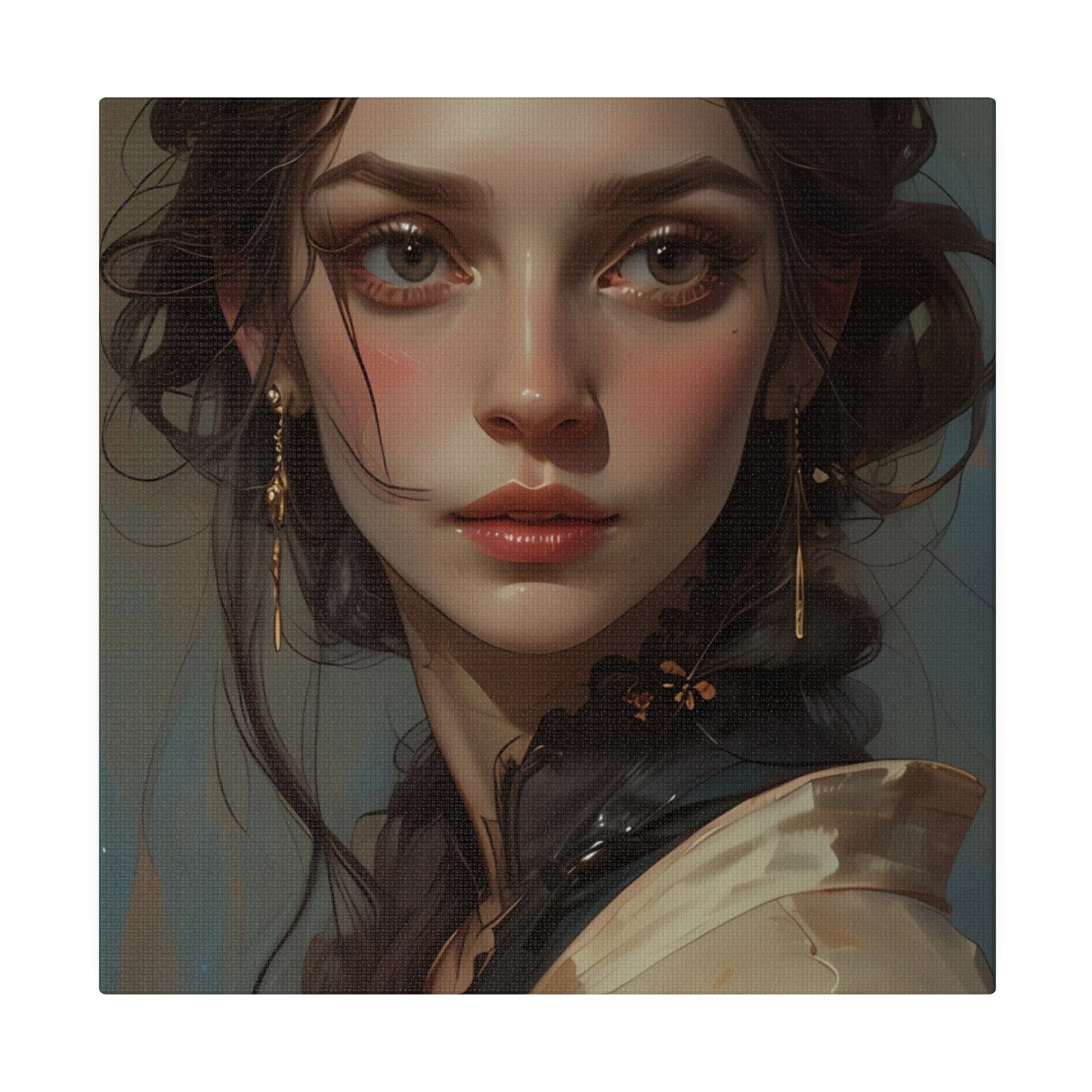 Classical woman portrait canvas print featuring a detailed and elegant female face with vintage style