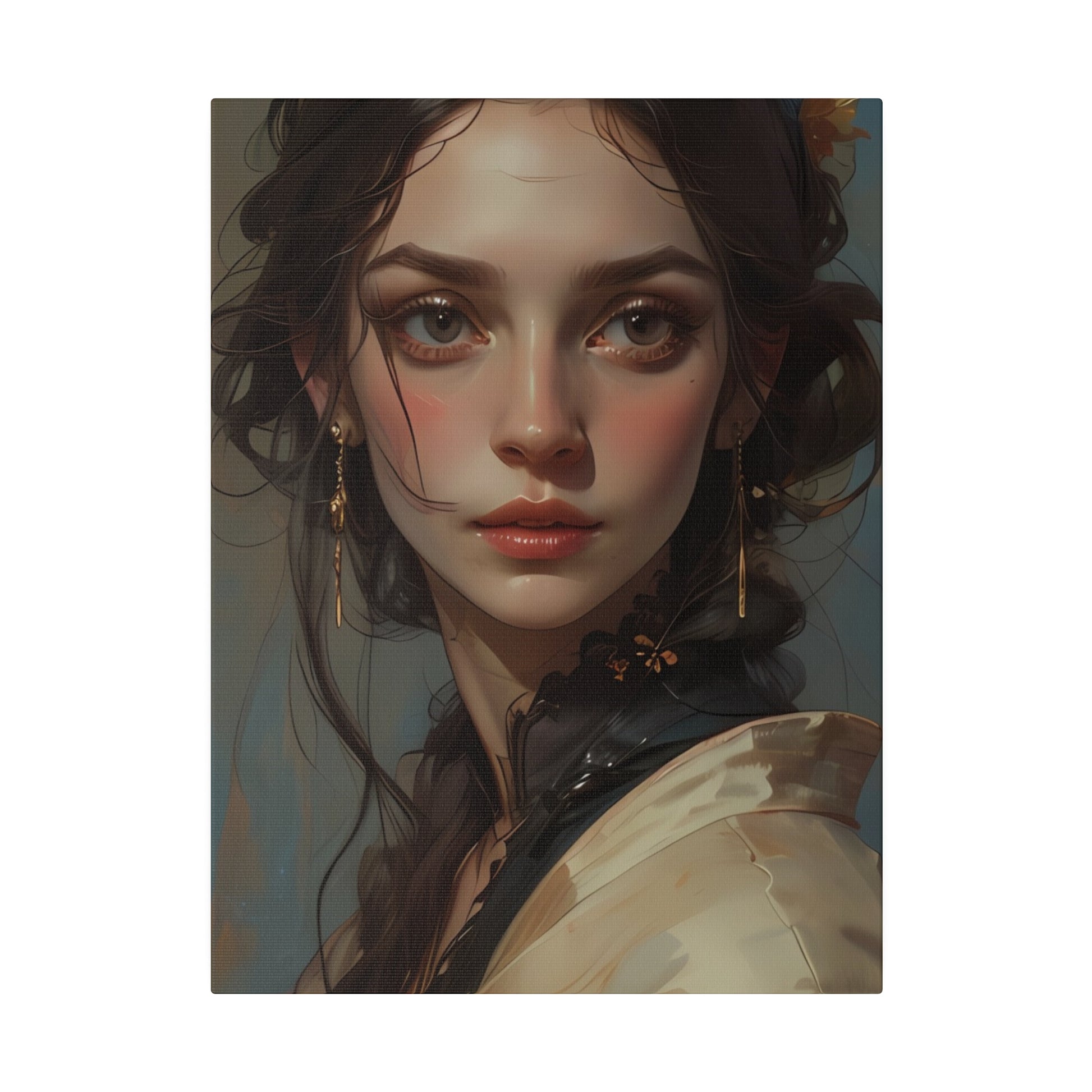 Classical woman portrait canvas print by Printify featuring detailed facial features and elegant earrings