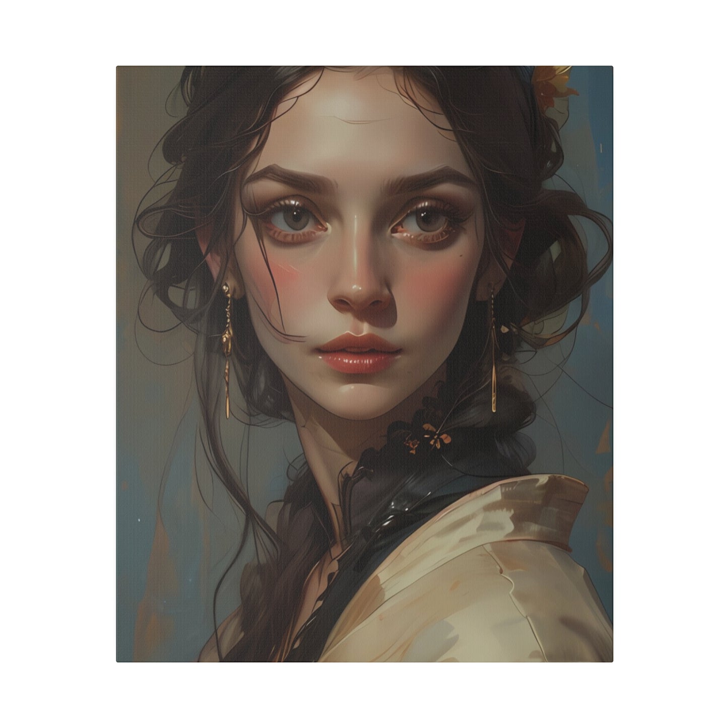 Classical woman portrait canvas print featuring a detailed and elegant female face with soft lighting