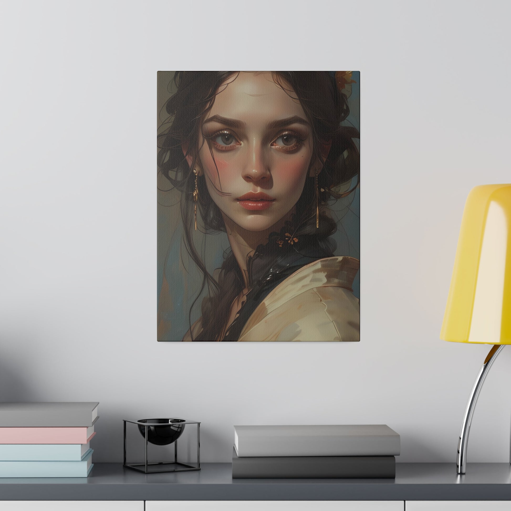 Classical woman portrait canvas print by Printify hanging on wall above desk with books and yellow lamp