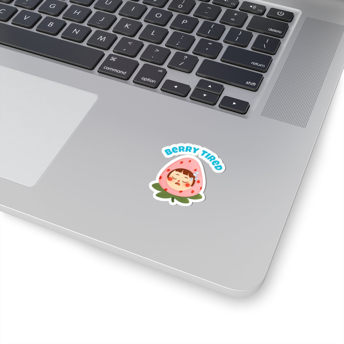 Berry tired vinyl sticker featuring a cute sleepy berry character on a laptop surface by Printify