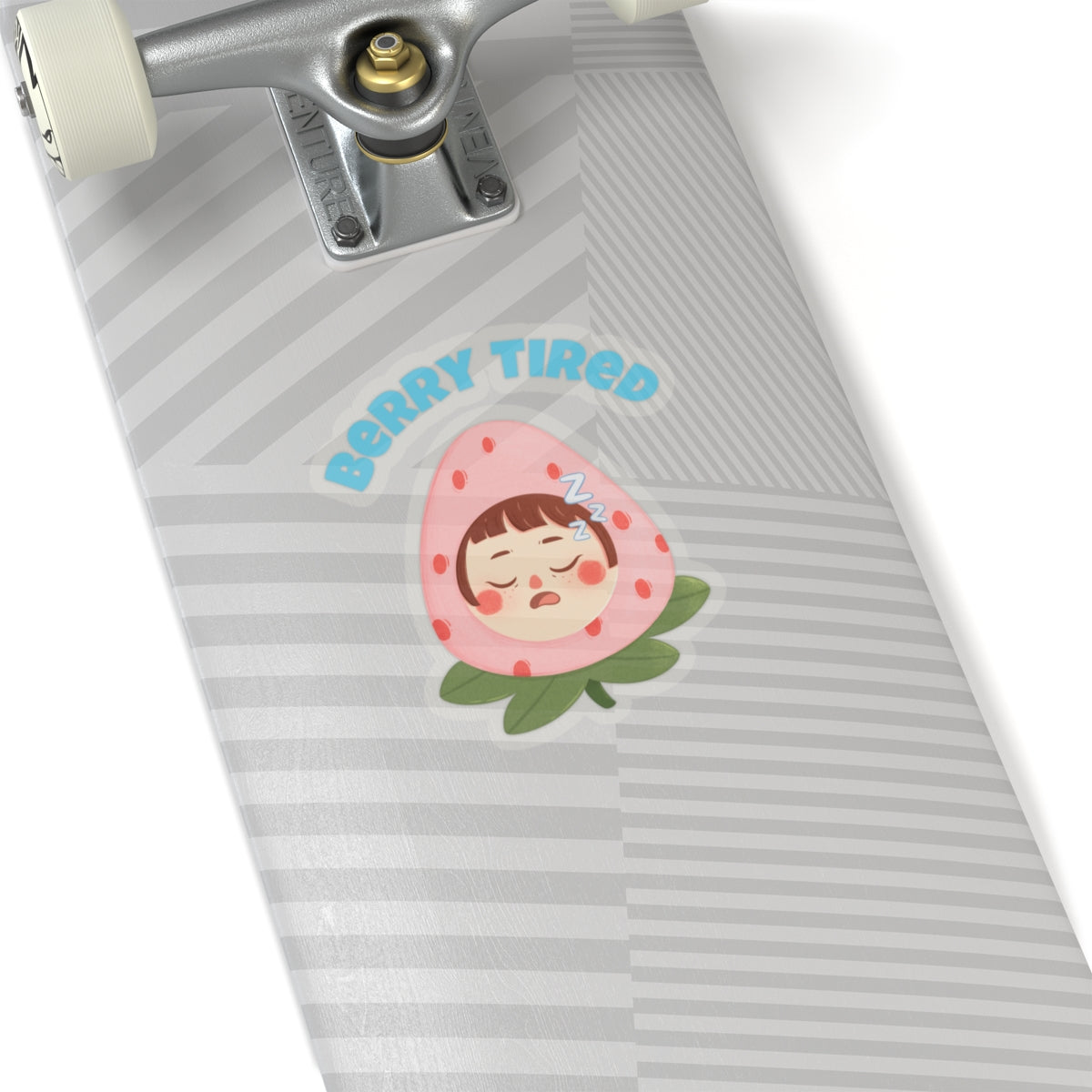 Berry tired vinyl sticker with sleepy face inside a strawberry on skateboard deck