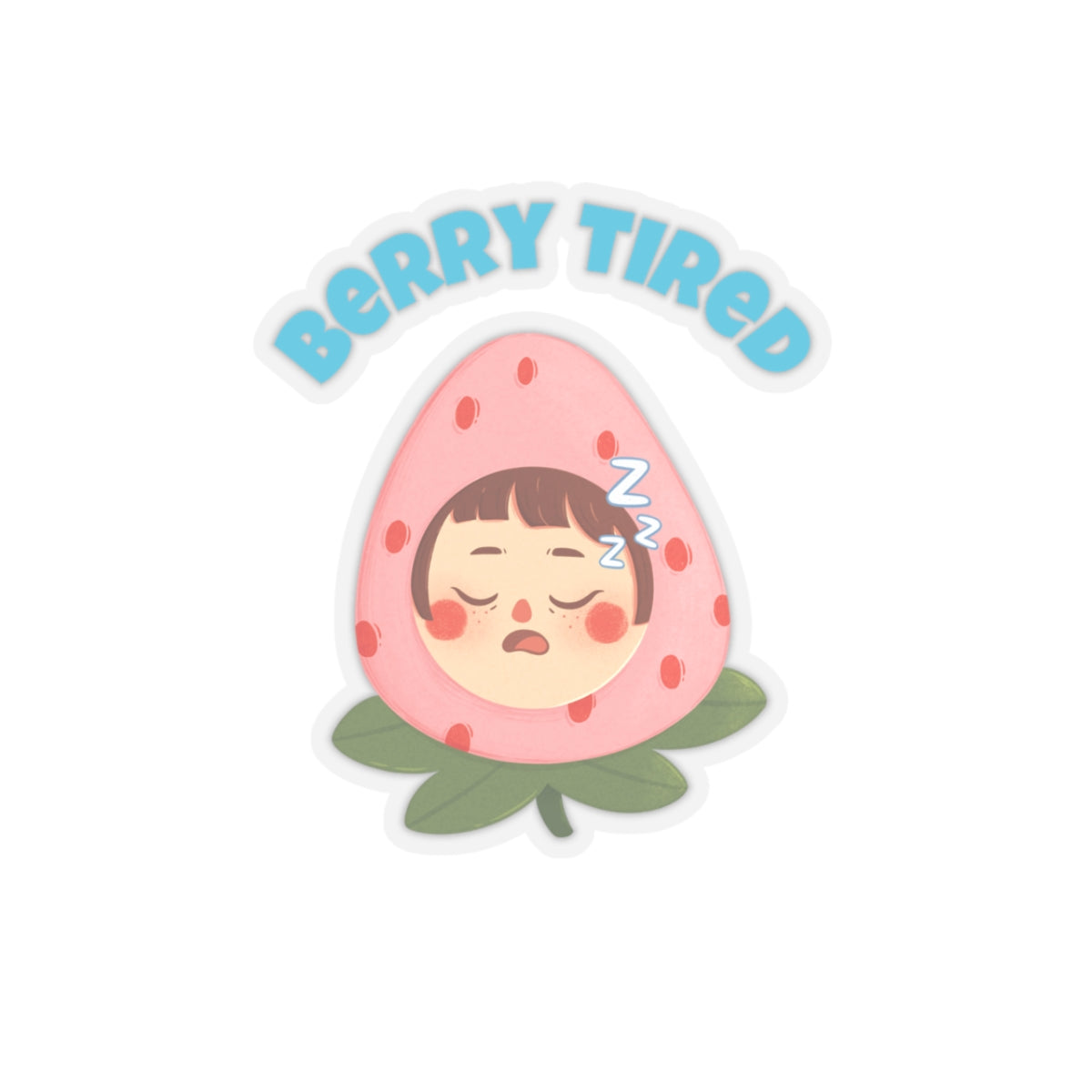 Printify berry tired vinyl sticker with sleeping face inside a strawberry shape on green leaves