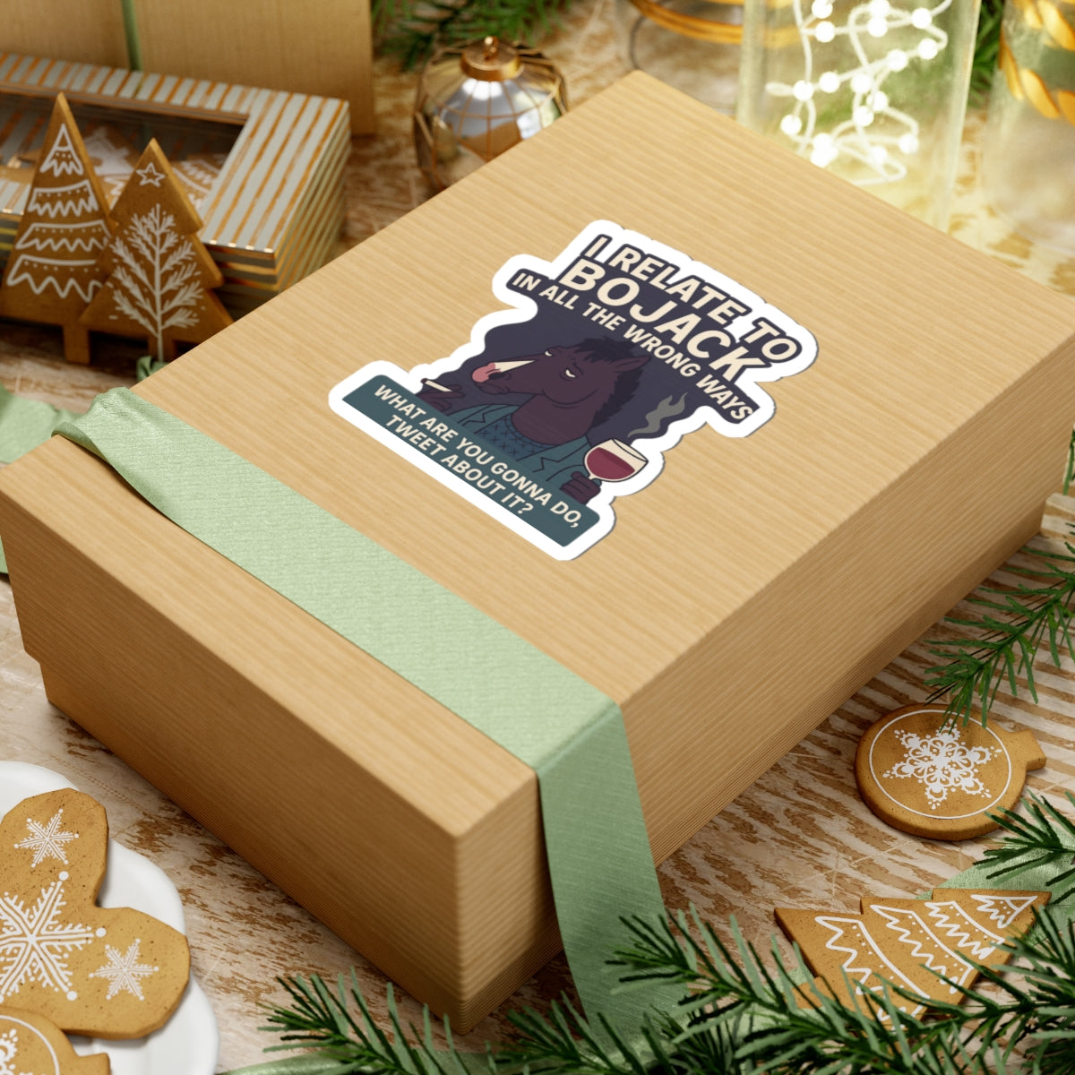BoJack Horseman sticker on a gift box with green ribbon, showcasing humorous quote
