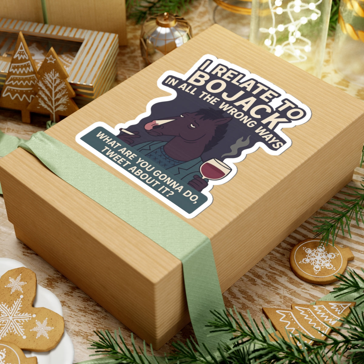 BoJack Horseman sticker on a gift box with festive decorations and ribbon for fans of the show