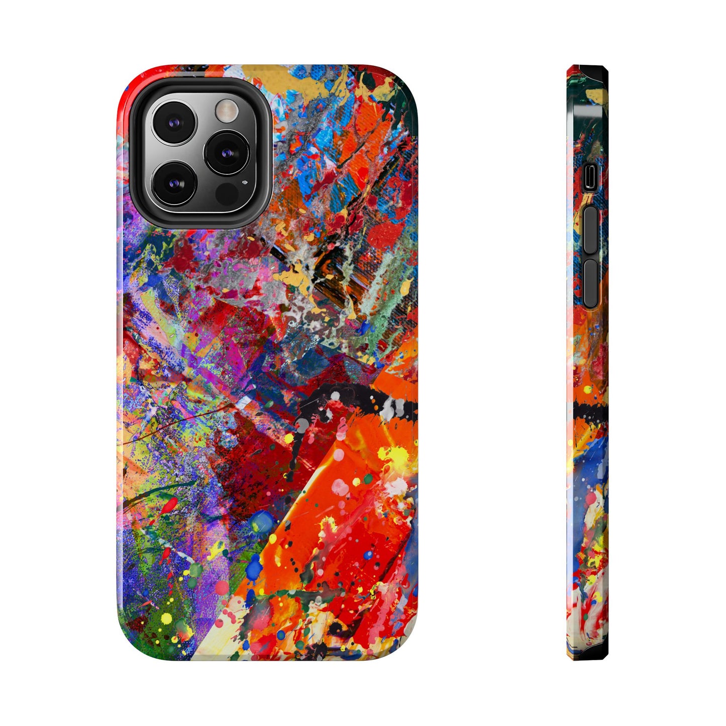 Bold splatter abstract art design phone case featuring vibrant colors and artistic patterns.