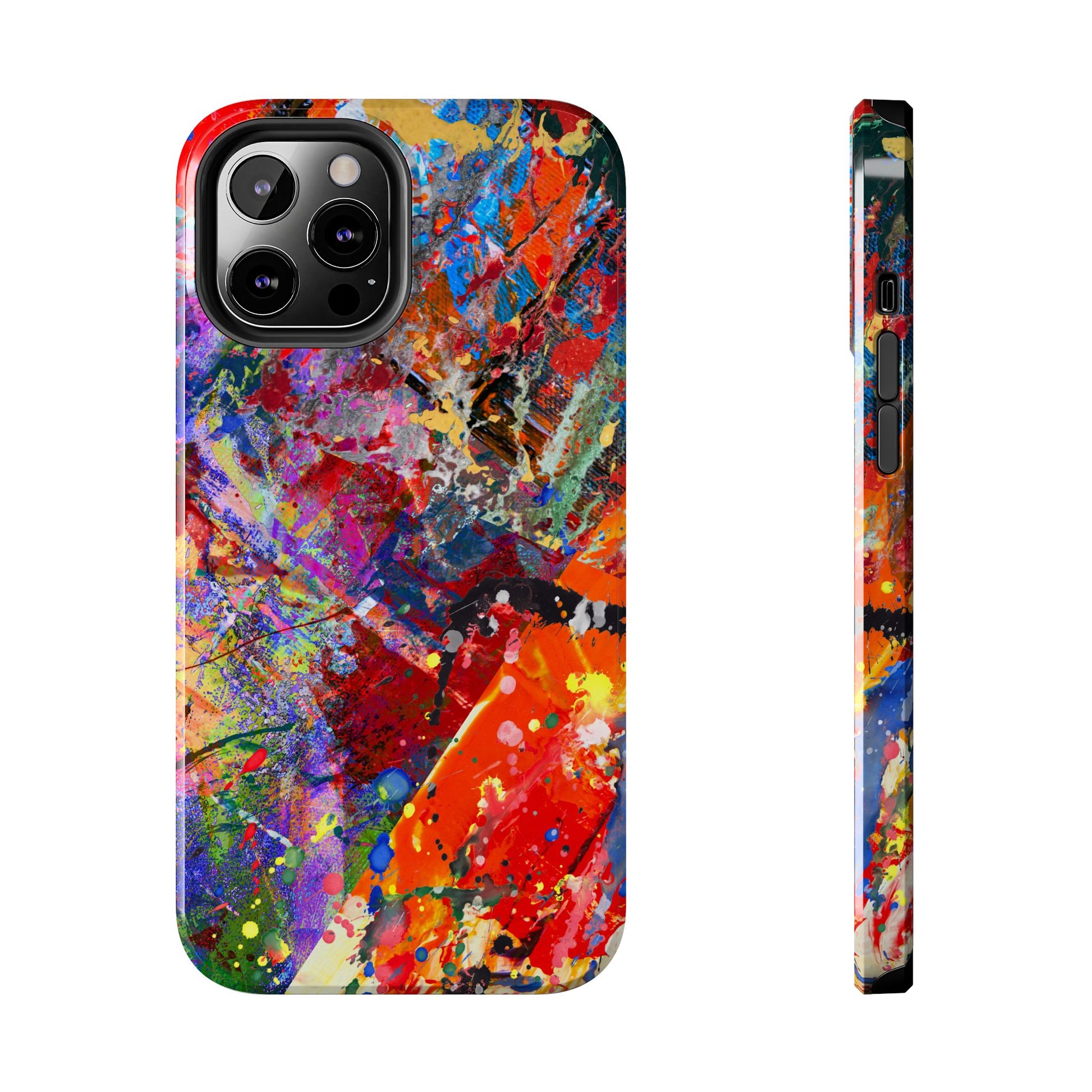 Bold splatter abstract art design phone case featuring vibrant colors and artistic patterns
