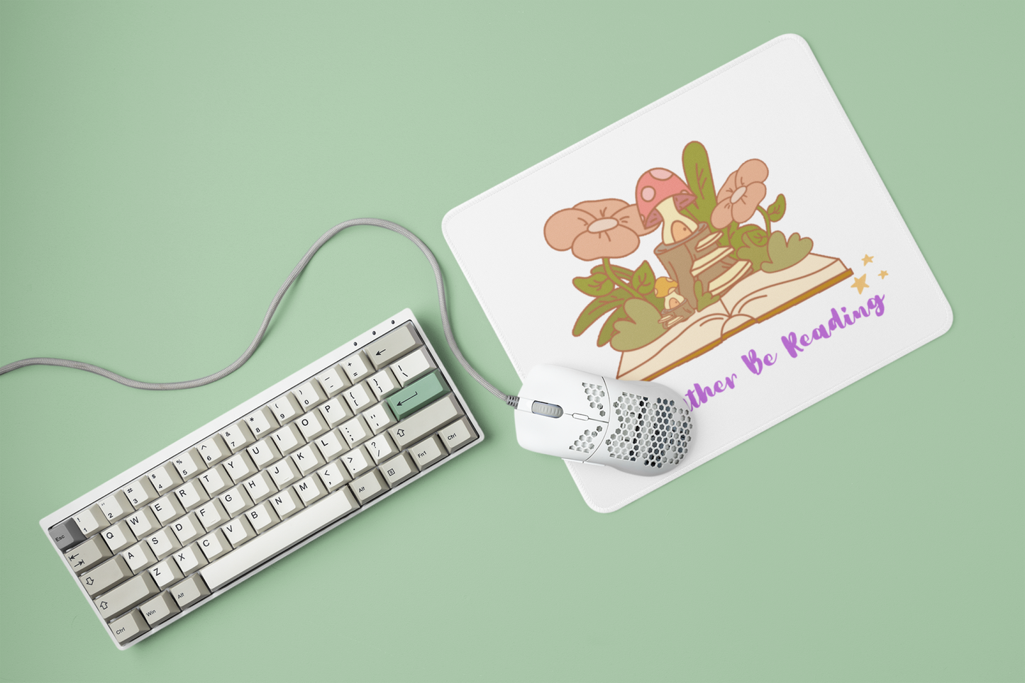 Mouse pad with open book mushrooms and plants by keyboard and mouse rather be reading fantasy mouse pad .