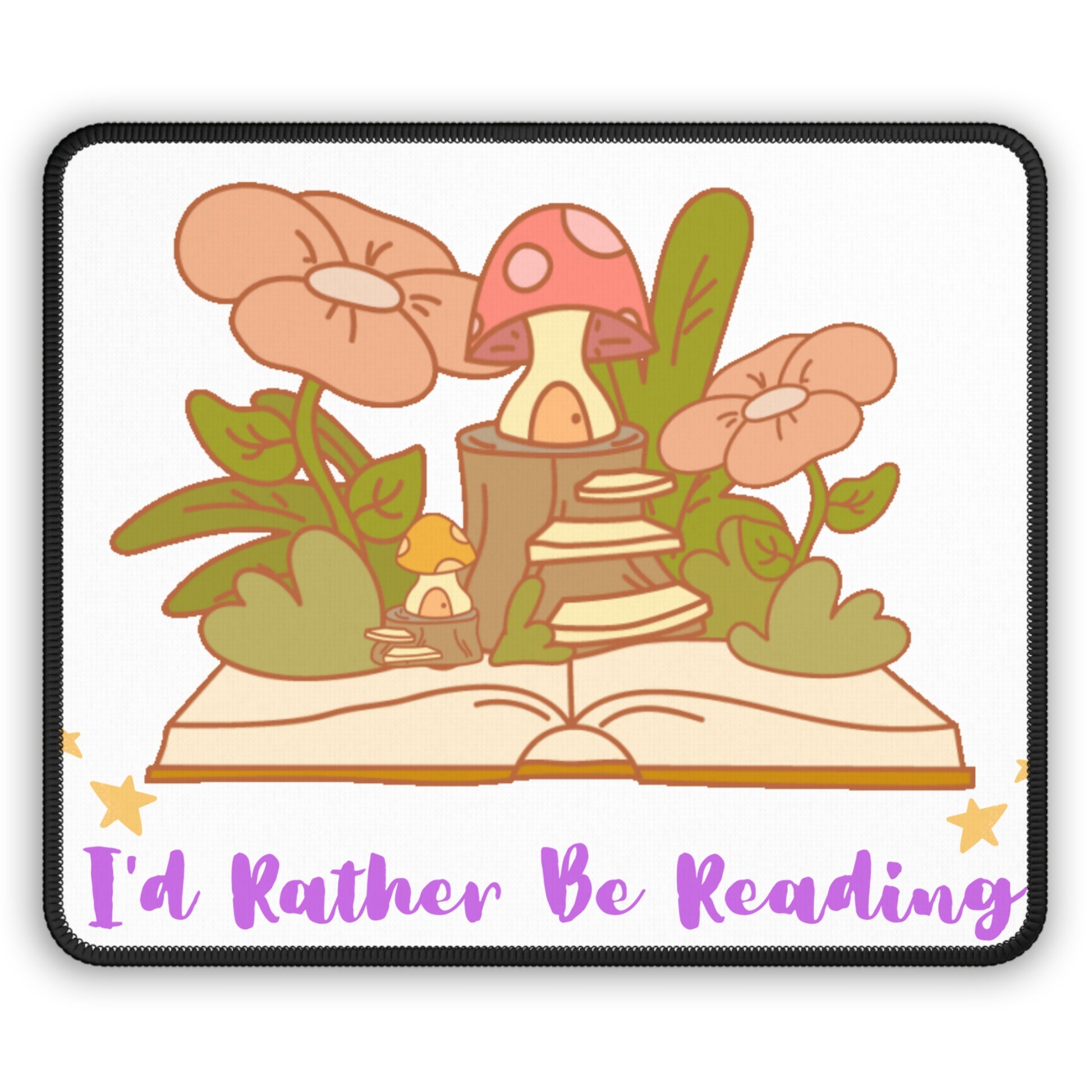 Printify rather be reading fantasy mouse pad with open book mushrooms flowers and purple lettering for readers