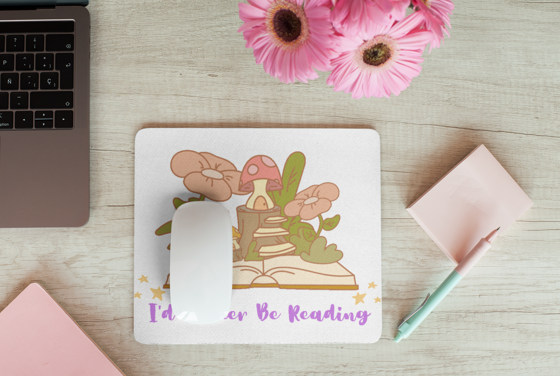 Printify home decor rather be reading fantasy mouse pad with whimsical mushrooms open book and pastel design