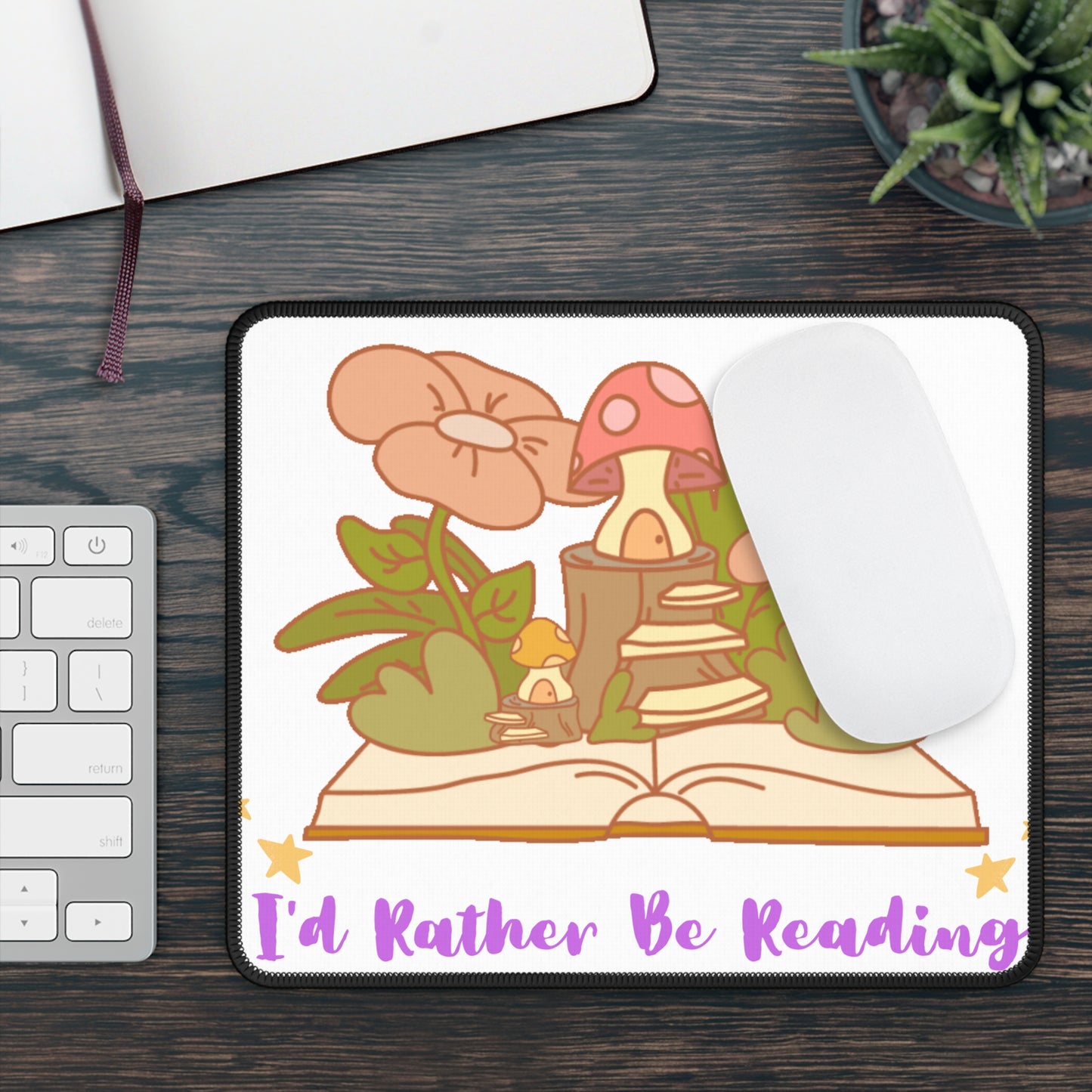 Printify colorful rather be reading fantasy mouse pad featuring open storybook with mushrooms flowers for desk decor