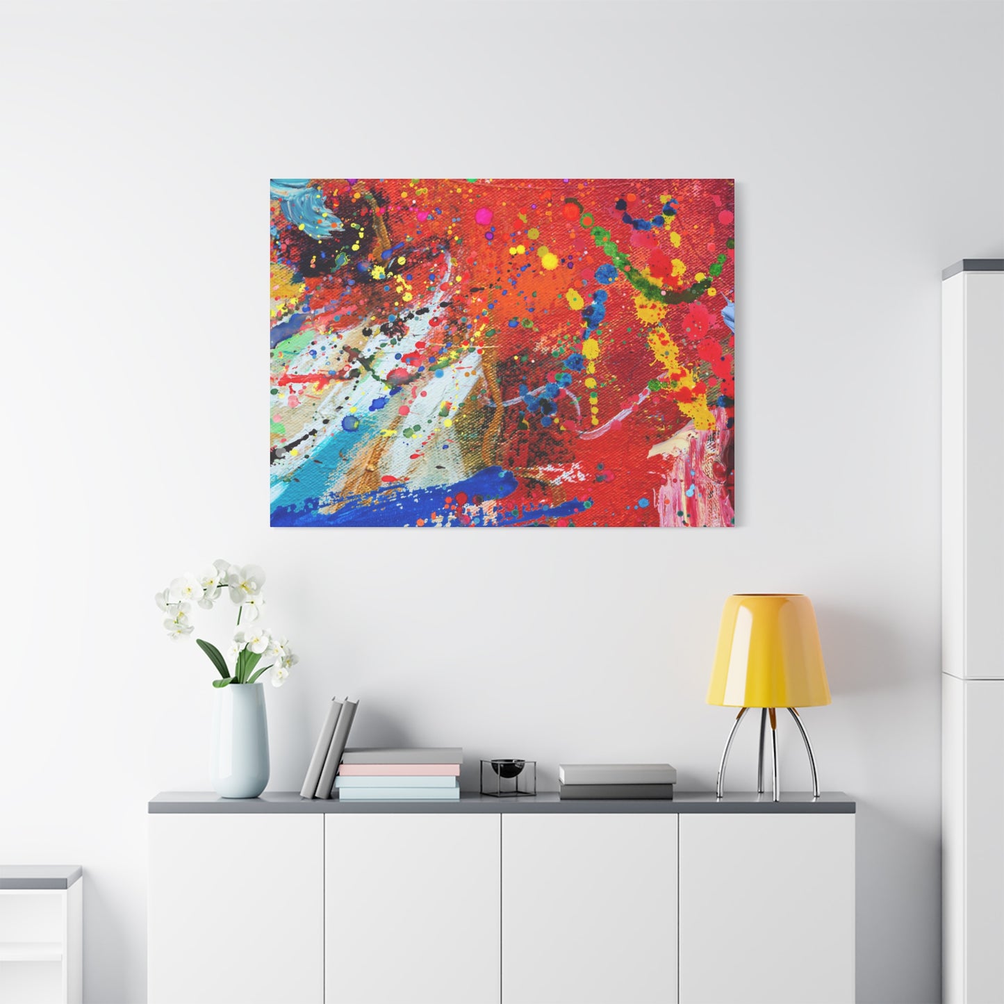 Chaotic abstract art canvas print featuring vibrant colors and dynamic shapes for modern decor