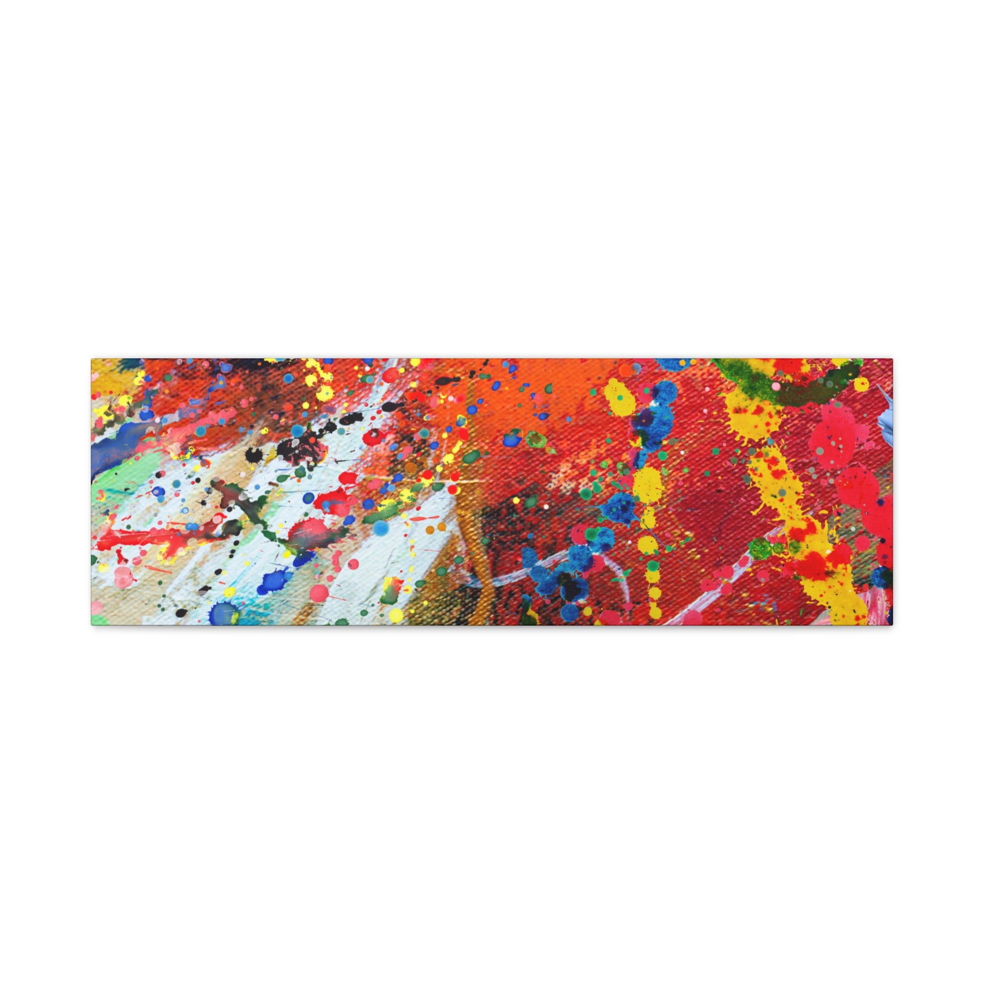 Chaotic abstract art canvas print featuring vibrant splashes of color and dynamic brushstrokes