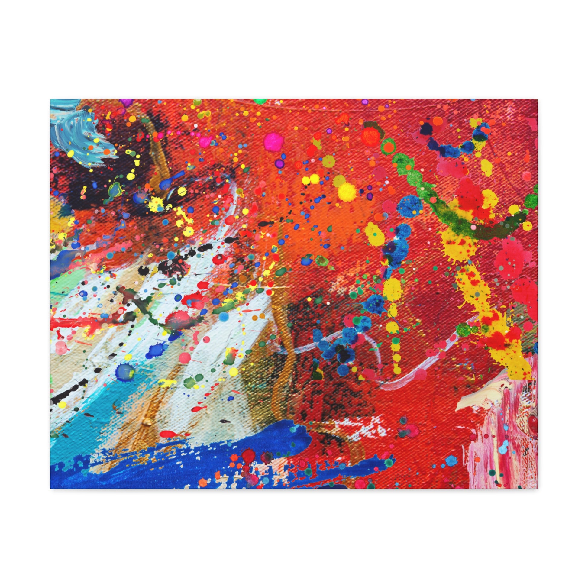 Chaotic abstract art canvas print featuring vibrant colors and dynamic splashes for a modern decor style