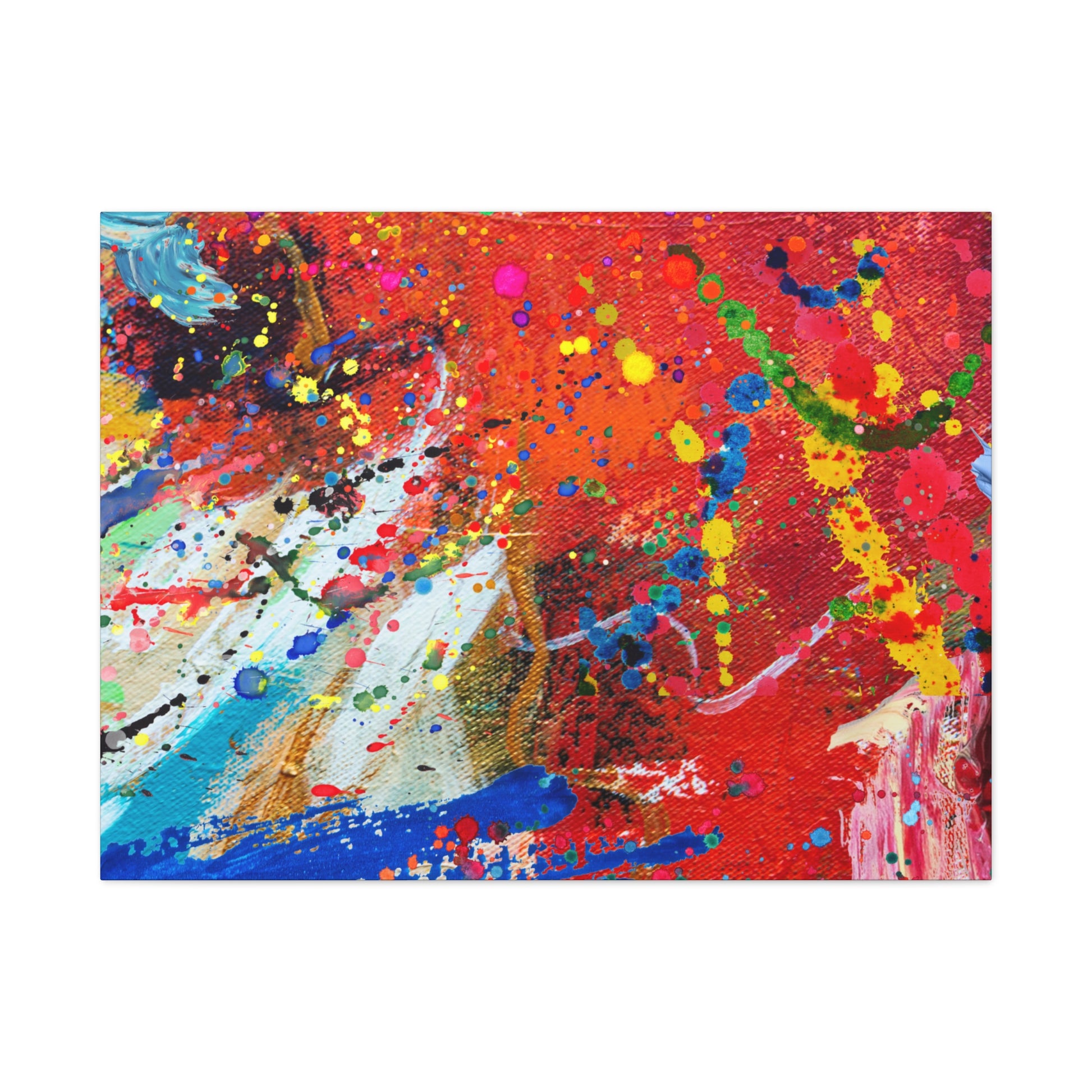 Chaotic abstract art canvas print featuring vibrant colors and dynamic splashes of paint