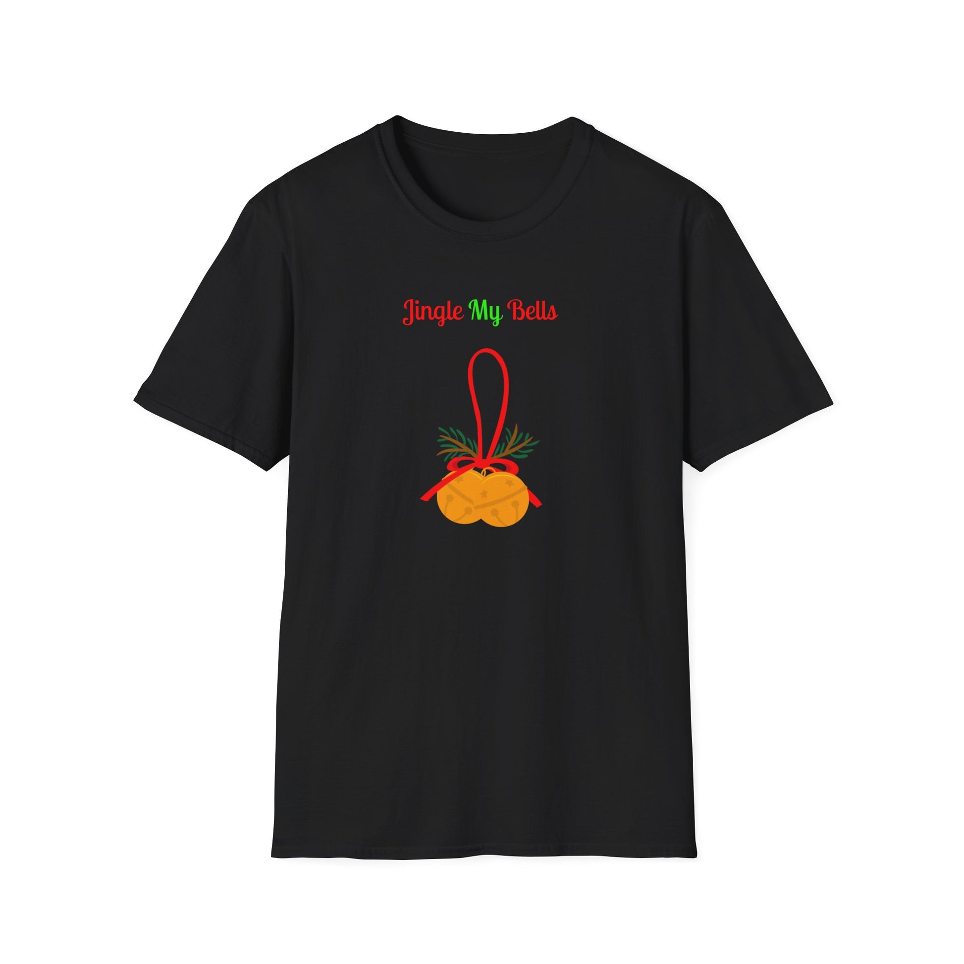 Printify black T Shirt with Jingle My Bells graphic and orange ornament design naughty holiday shirt for adults