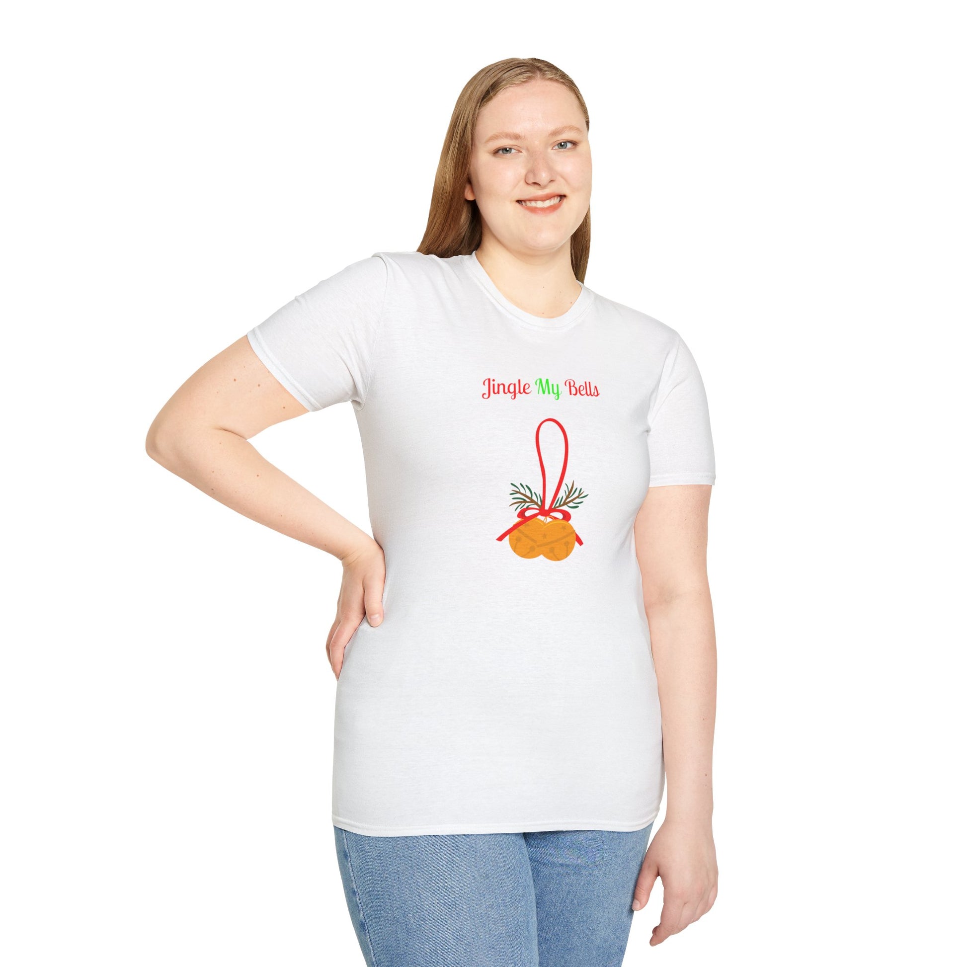 Printify white T shirt worn by smiling woman with Jingle My Bells bell graphic naughty holiday shirt for adults