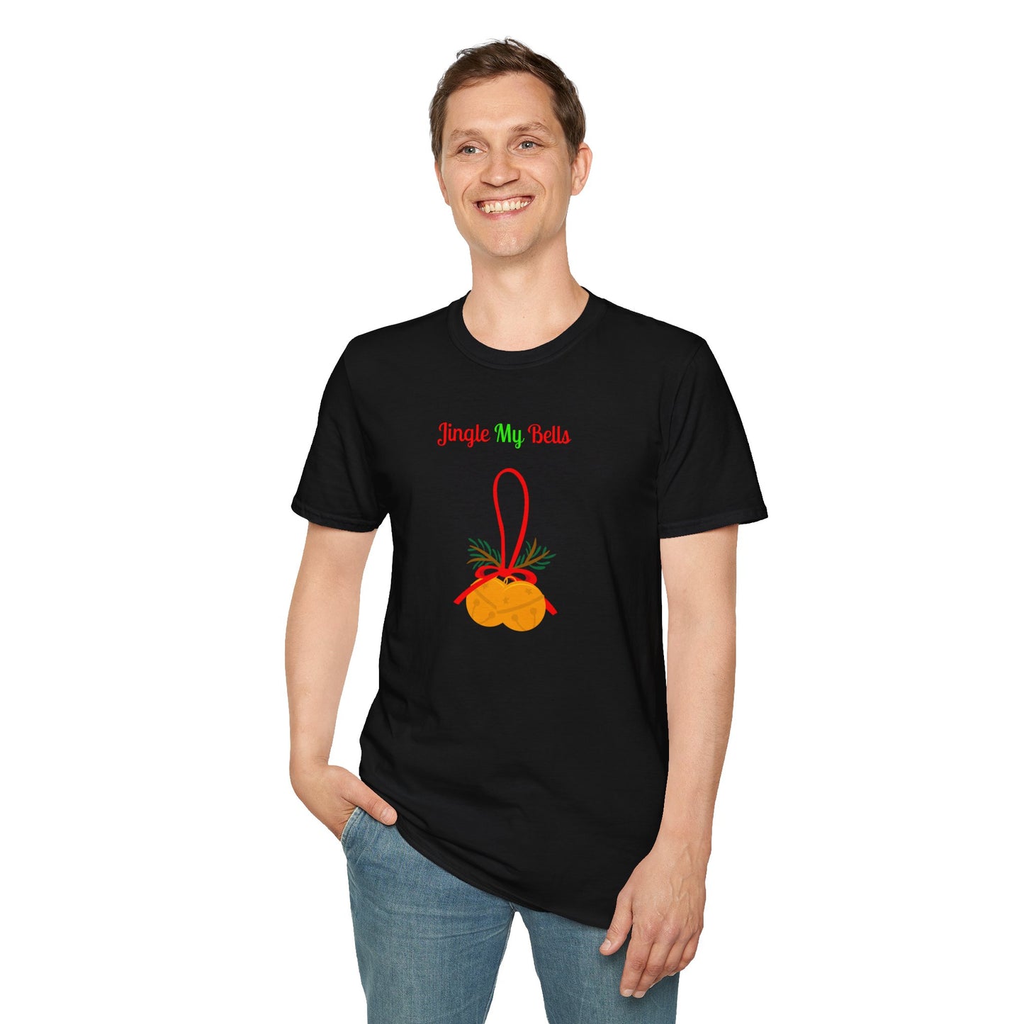 Printify black T shirt worn by smiling man featuring Jingle My Bells graphic and naughty holiday shirt for adults