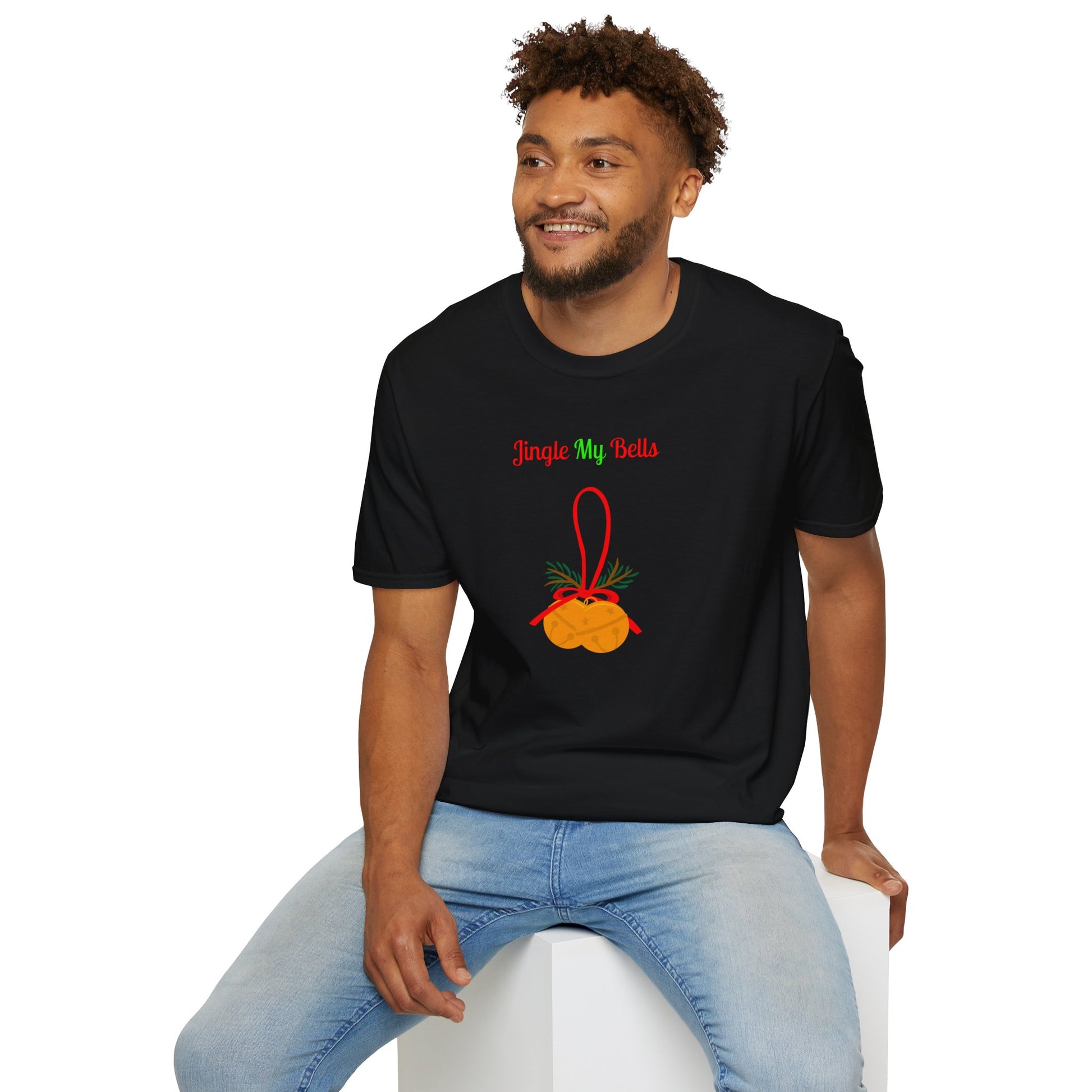 Printify black t shirt with Jingle My Bells graphic and ornament bells worn by smiling man naughty holiday shirt for adults