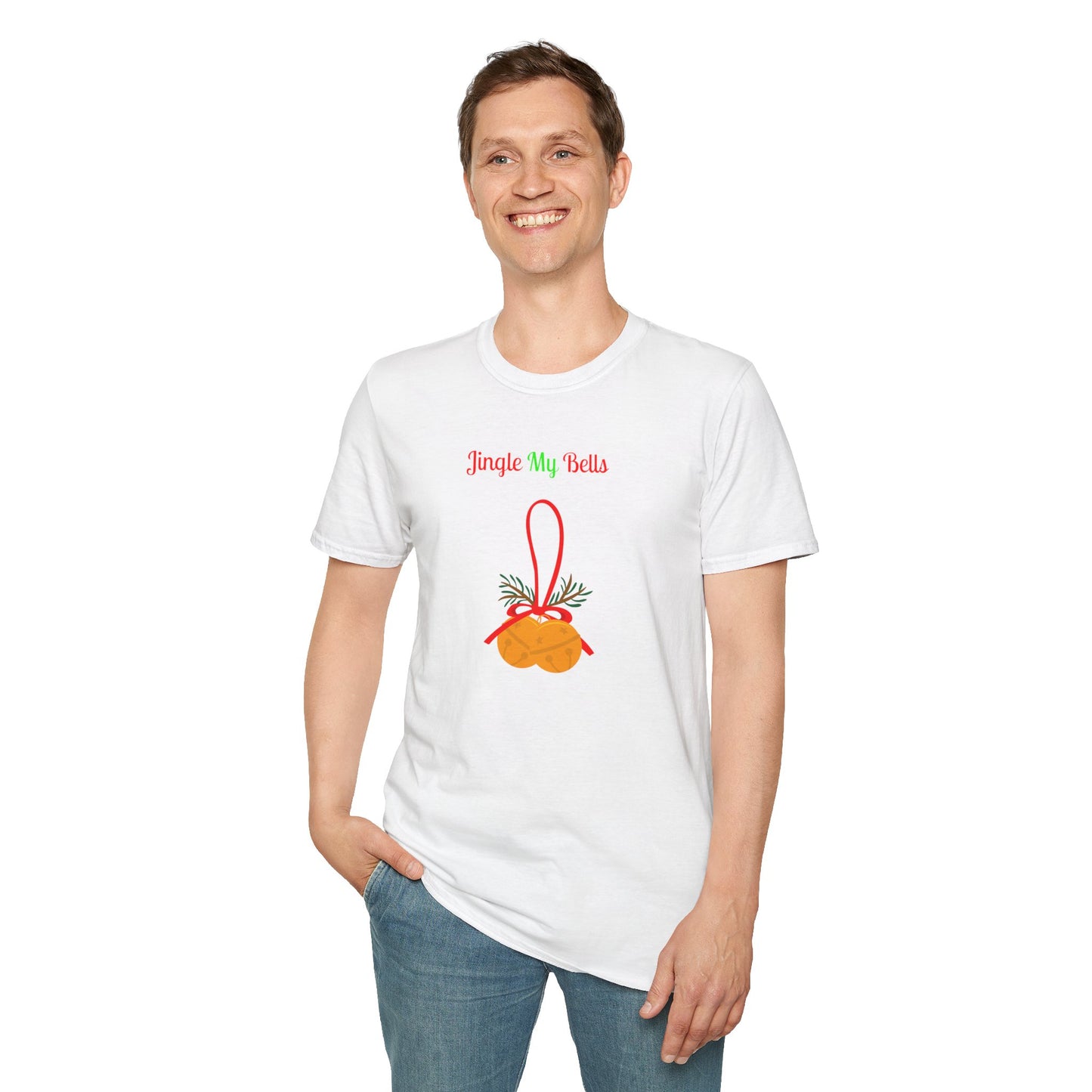 Printify white T shirt on male model with Jingle My Bells graphic and red bow naughty holiday shirt for adults