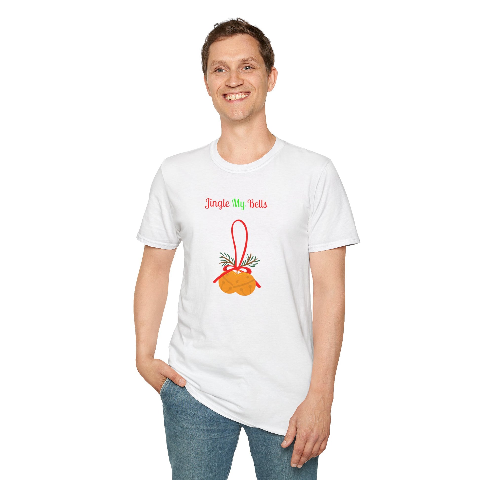 Printify white T shirt on male model with Jingle My Bells graphic and red bow naughty holiday shirt for adults