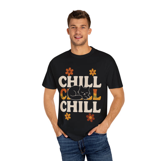 Chill vibe cat t-shirt in black with colorful lettering and floral designs