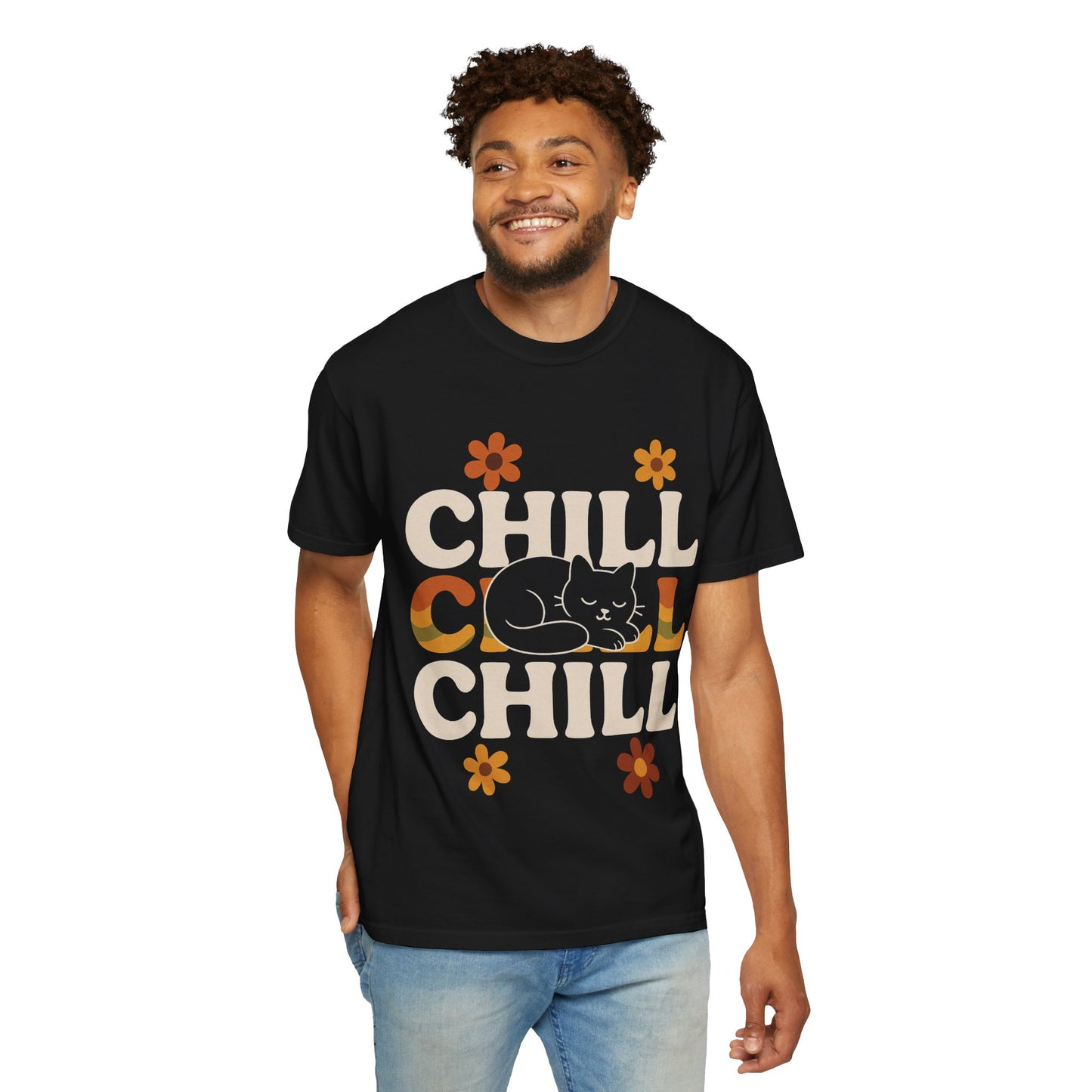 Chill vibe cat t-shirt featuring a playful design with text and flowers in vibrant colors