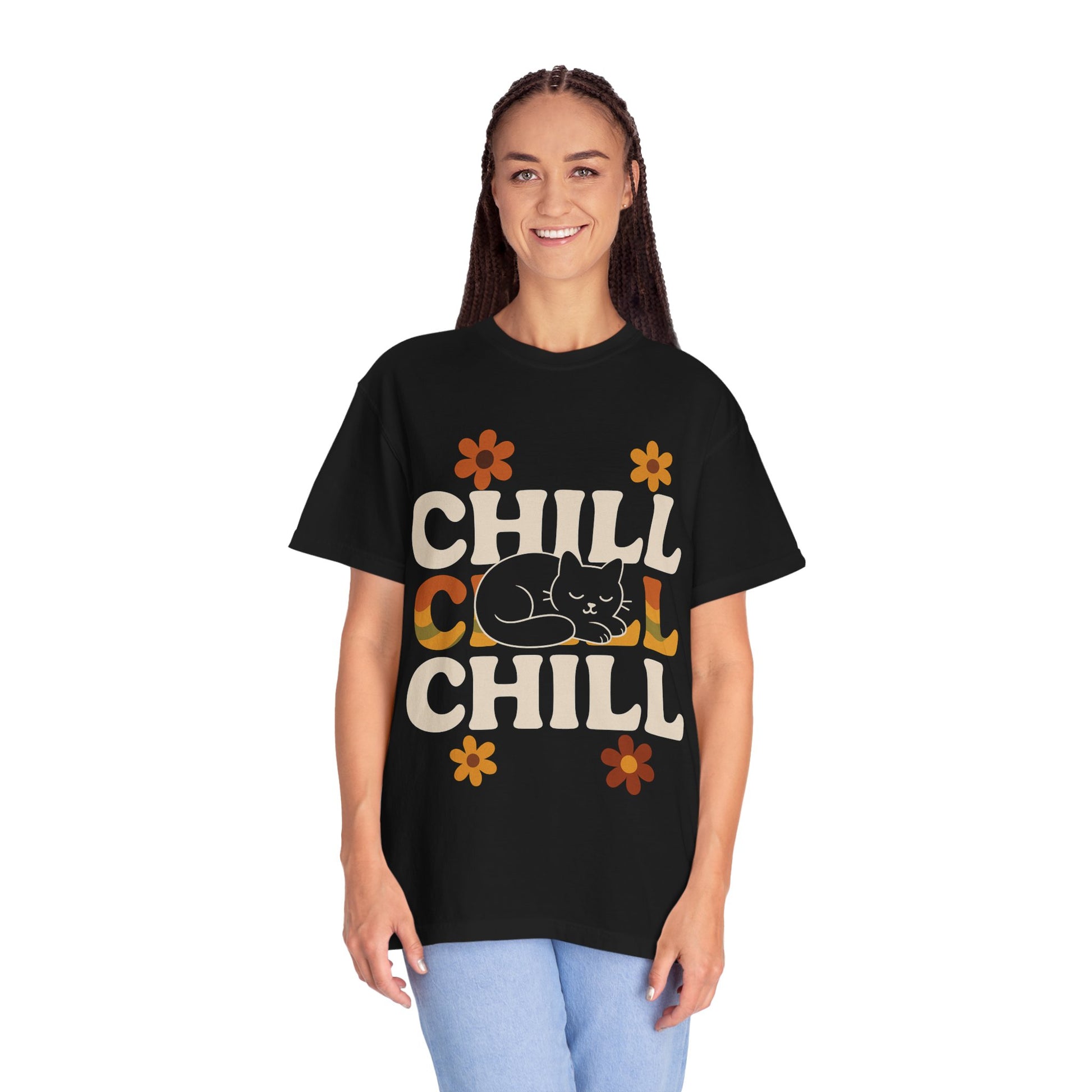 Chill vibe cat t-shirt featuring a relaxed cat and colorful text on a black background