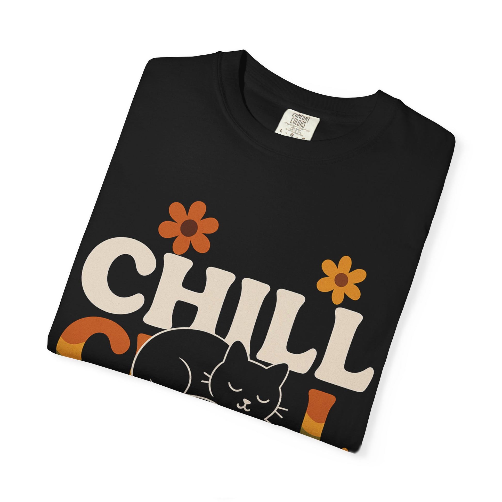 Chill vibe cat t-shirt featuring a sleeping cat and colorful flower design on a black background