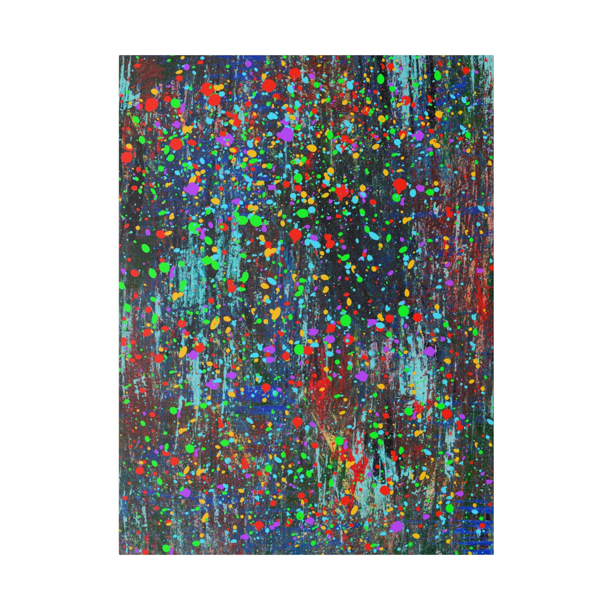 Color drip explosion art canvas print by Printify featuring vibrant multicolor splatter on dark background
