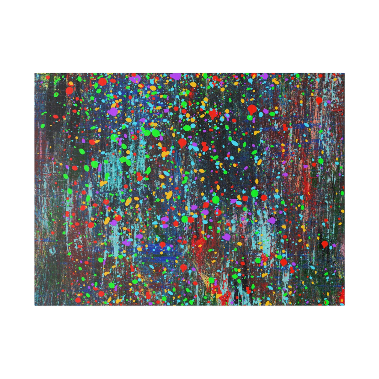 Color drip explosion art canvas print with vibrant multicolor splatters on dark background by Printify