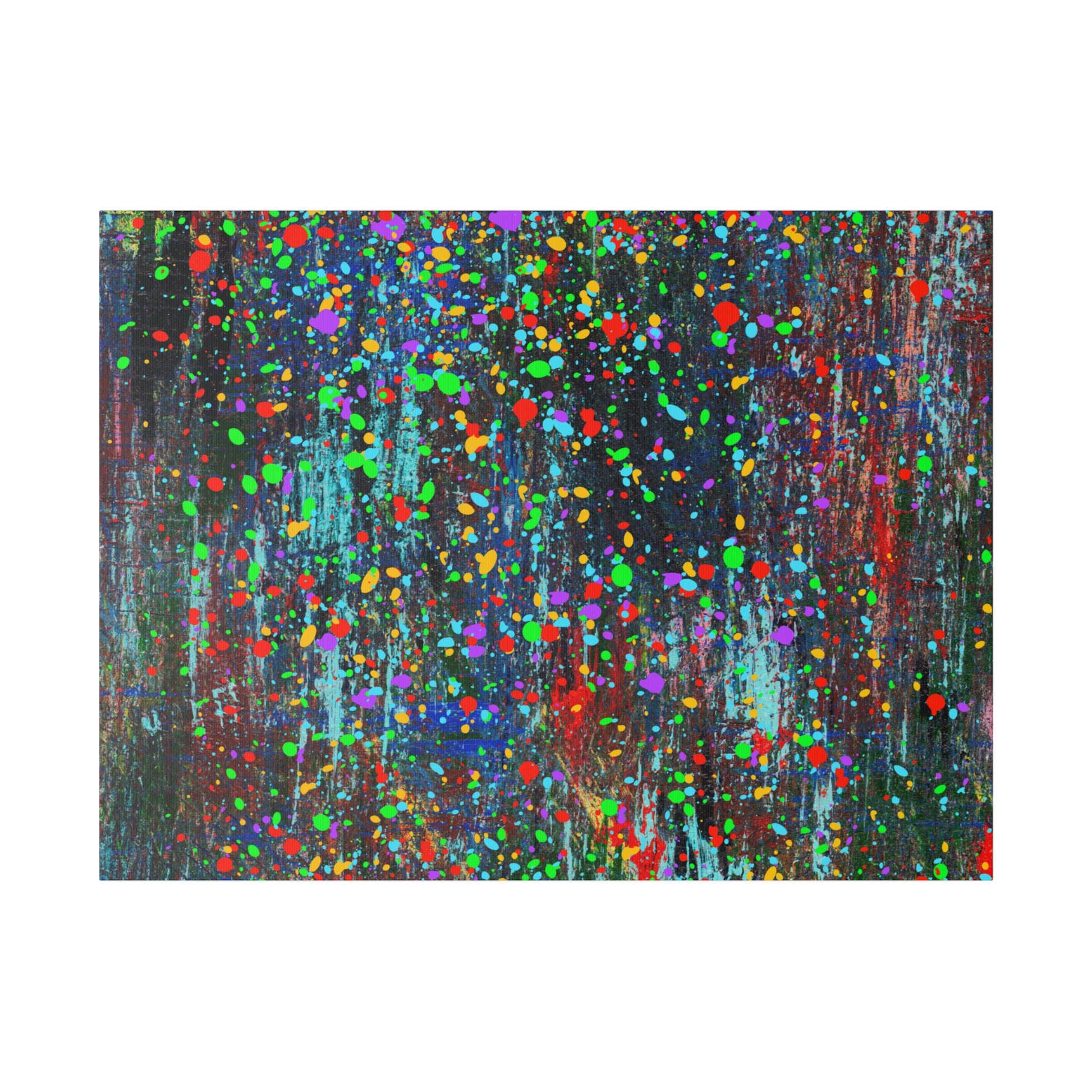 Color drip explosion art canvas print with vibrant multicolor splatters on dark background by Printify